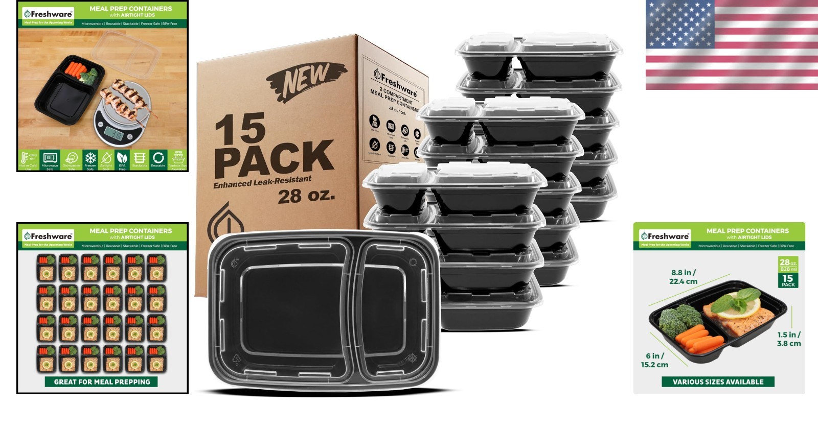 Versatile Meal Prep Containers [15 Pack] – 2 Compartment Bento Boxes, 28 oz