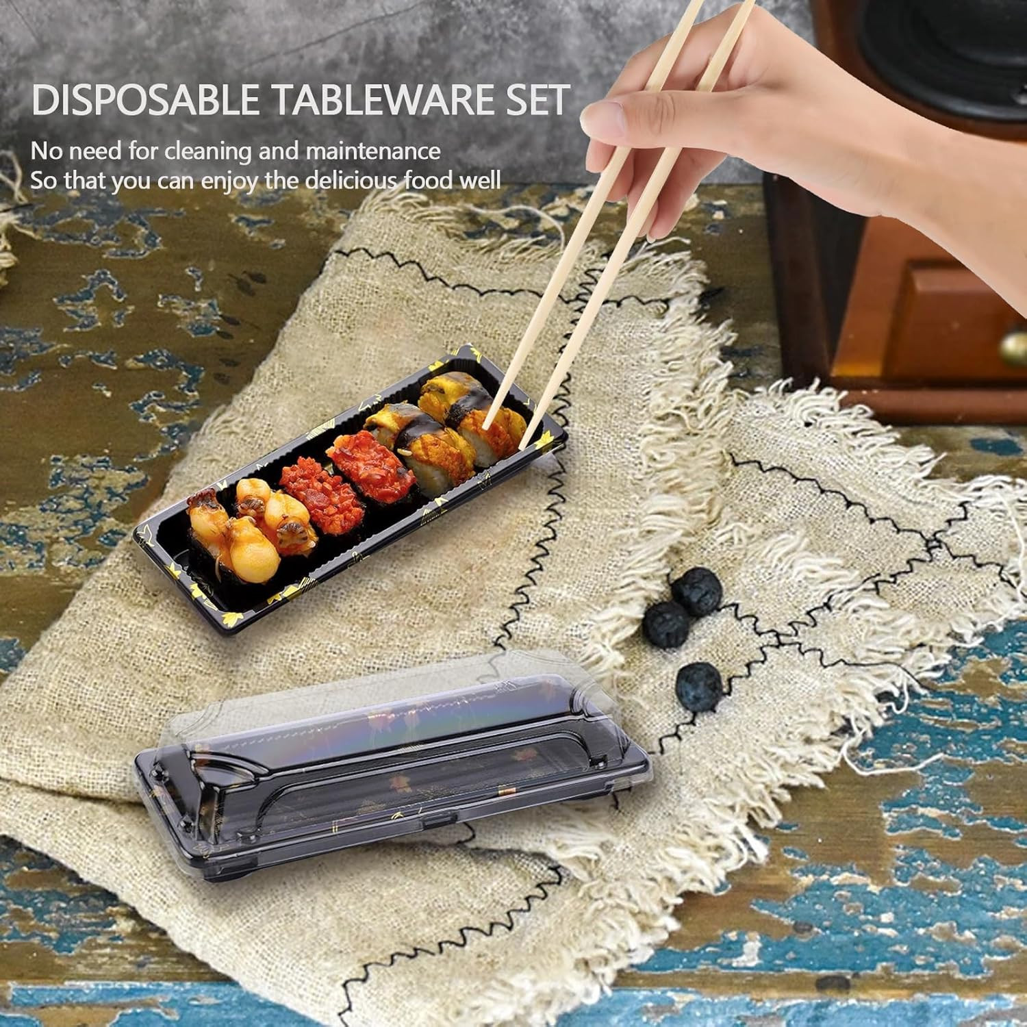 Vajilla Desechable 50 Piezas Bandejas Sushi Palillos Y Platos Soja Para Llevar