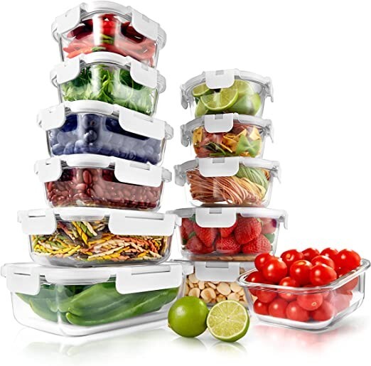 24 Piece Glass Food Storage Containers w/Airtight Lids Microwave-Colors May Vary