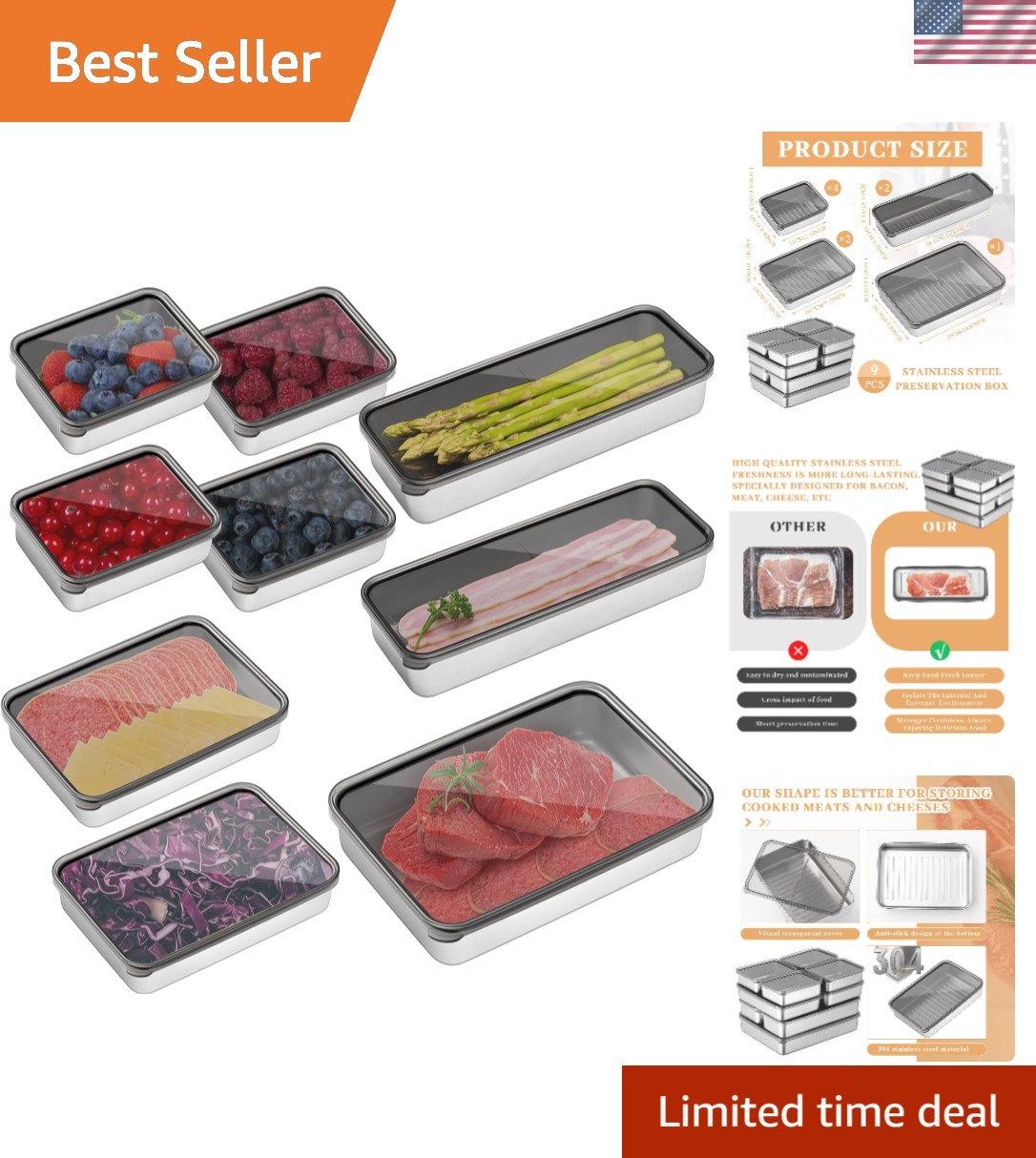 9 Pack Bacon Cheese Container for Refrigerator, 304 Stainless Steel Airtight …