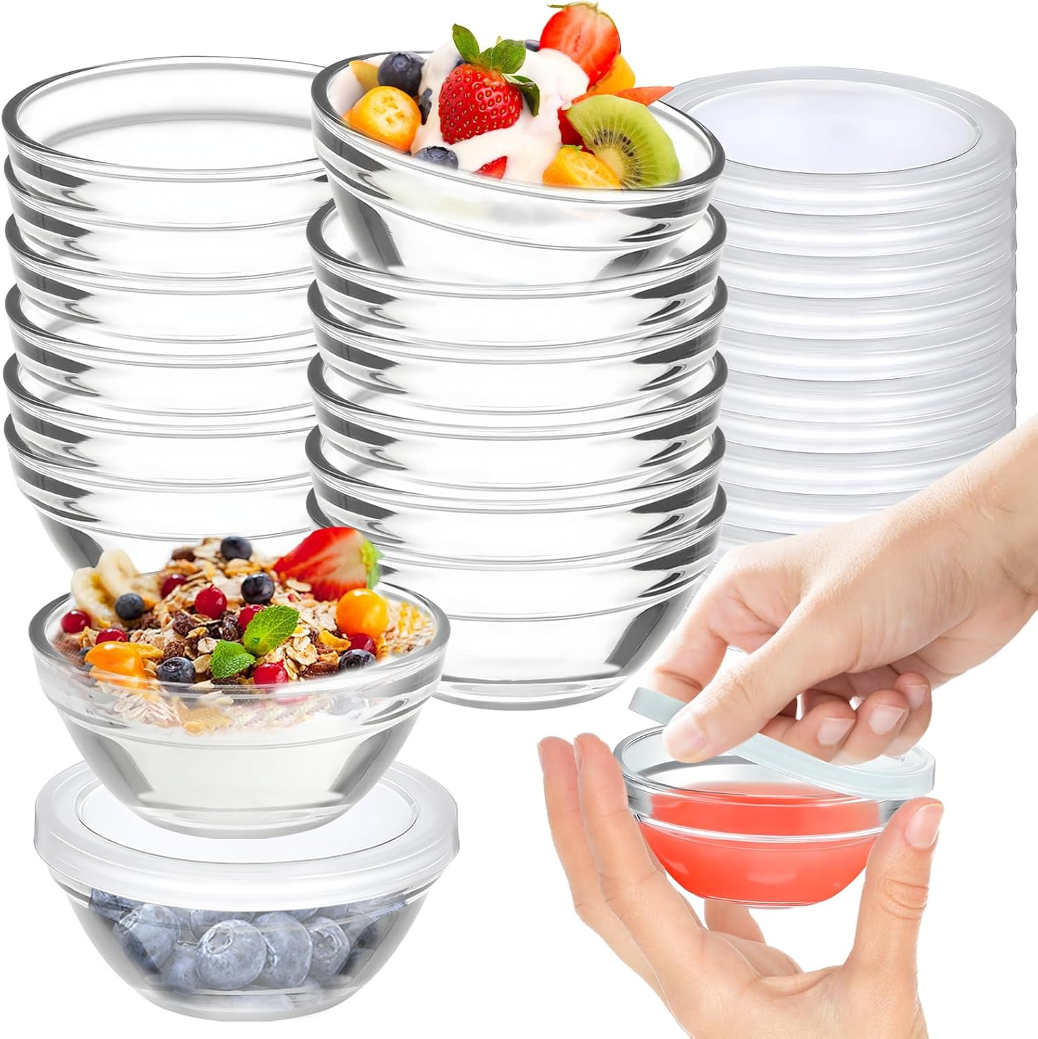 12 Pack Mini 3 Inch Small Glass Bowls with 12 Pack Lids, 2.5 Oz Clear Glass Pinc