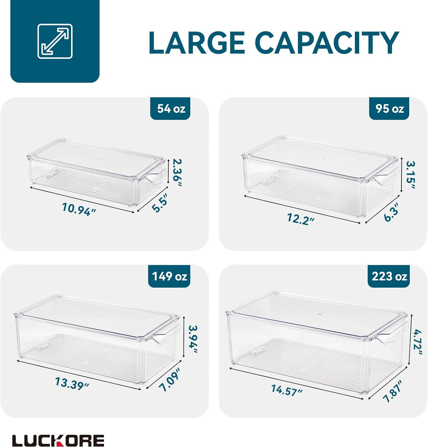 4 Piece Refrigerator Organizer Bins, Clear Fridge Organizers and Storage, Stacka