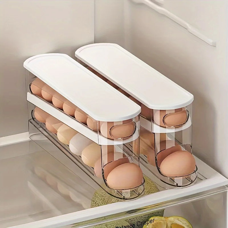 Double Layer Automatic Rolling Egg Storage Container 12-14 Eggs Hinged Design PP