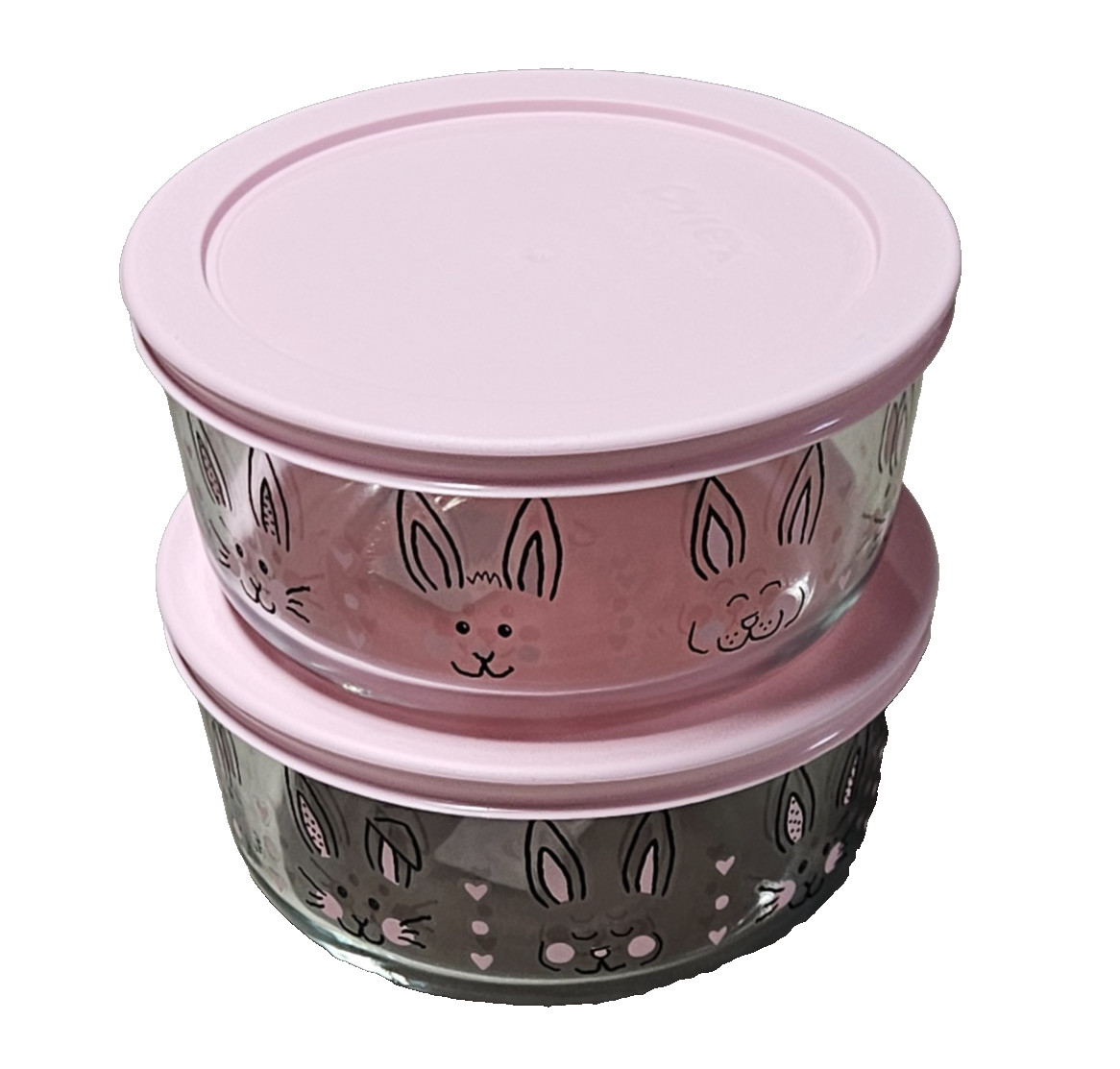 2 Pyrex Easter Bunny Hippity Hoppity 4-Cup Storage Bowl & Pink Lid 6″ New