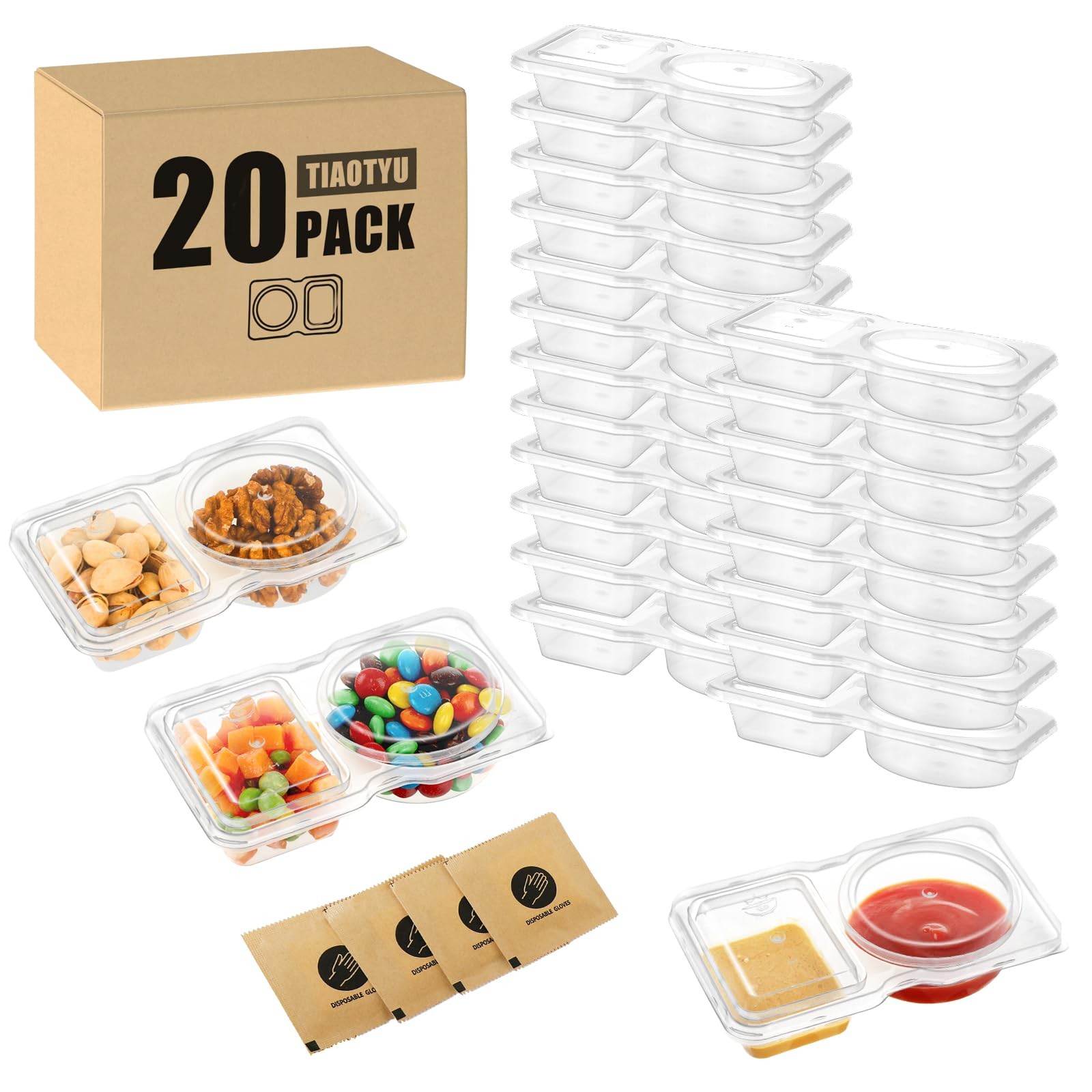 20 Pack 2 Compartment Snack Containers with Lids – Leak-Proof, Reusable Plast…