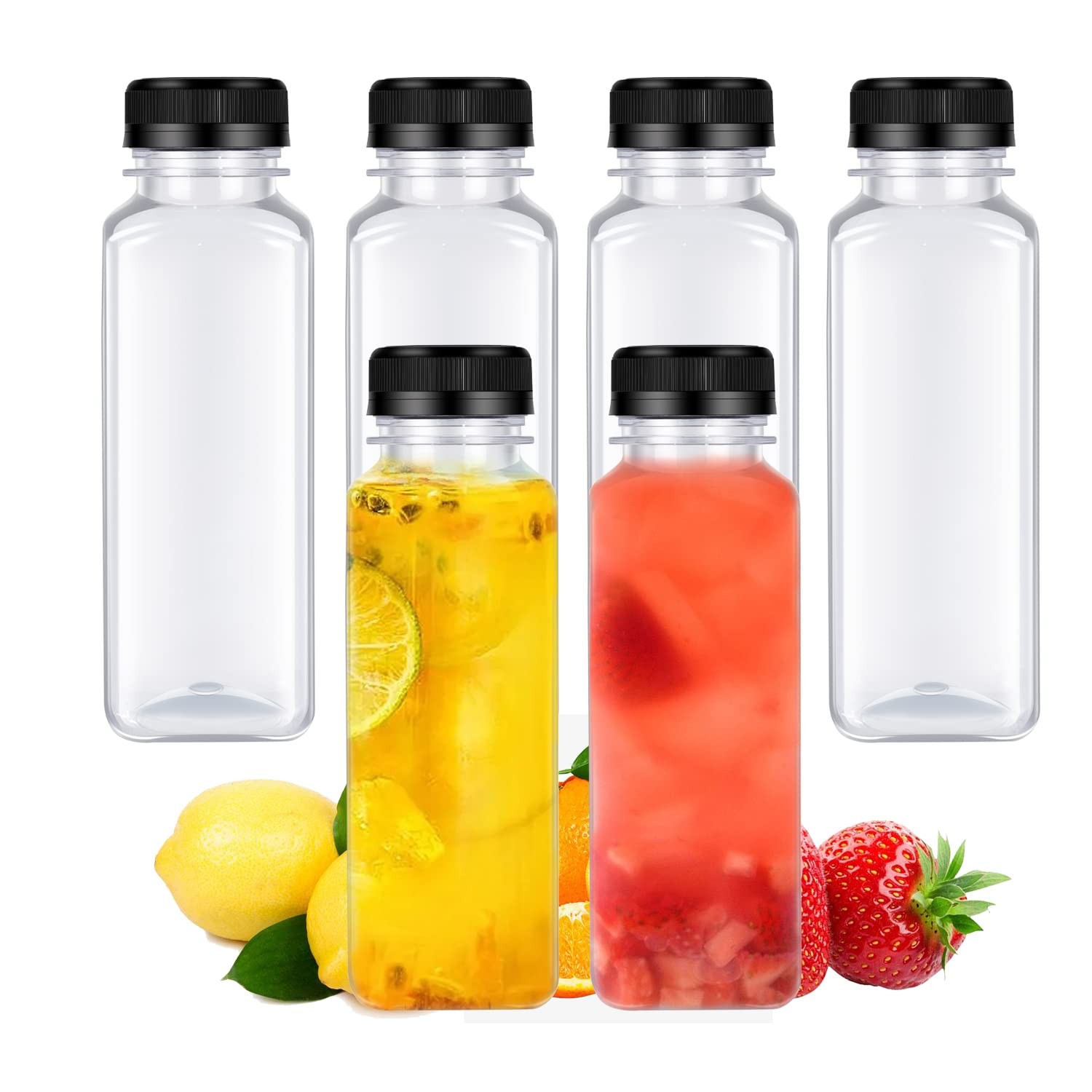 Plastic Juice Bottle 6 PCS 14 Ounce Black Lid Bulk Beverage Container Drink
