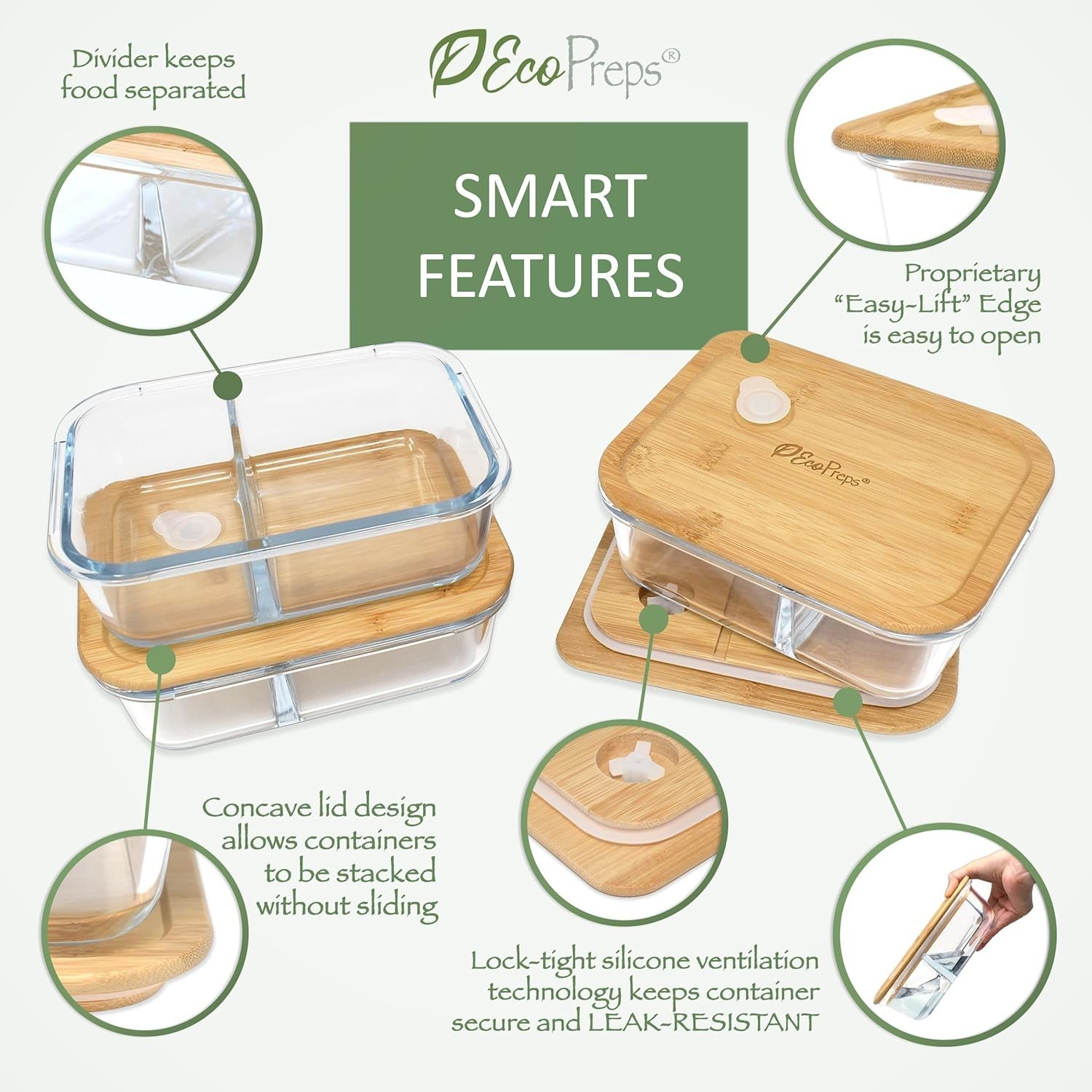Glass Meal Prep Containers with Bamboo Lids, 2 Compartment Glass Bento Box Co…