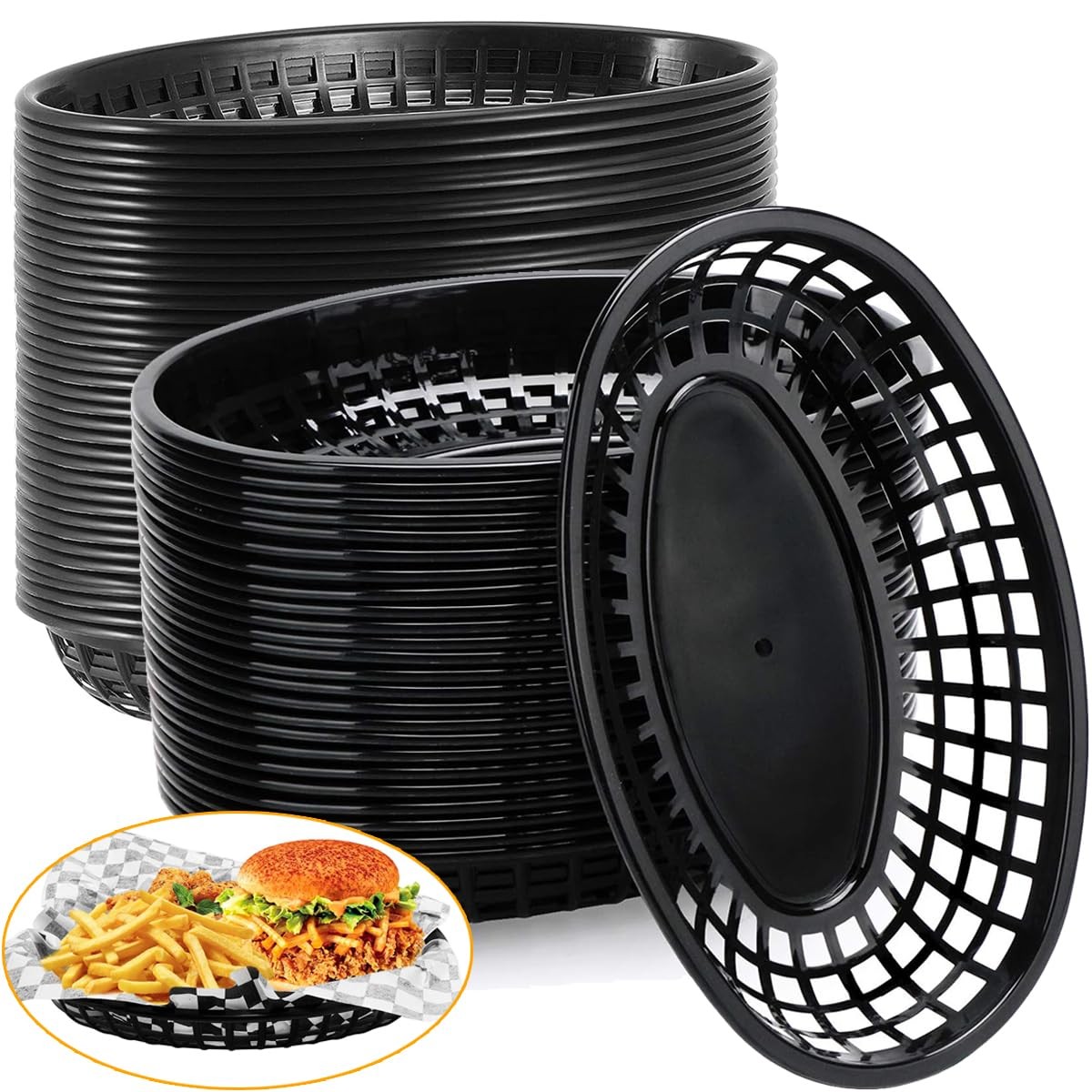 50 Pack Black Plastic Food Baskets 9″ x 5.7″ Oval Fry Fast Food Basket Plasti…