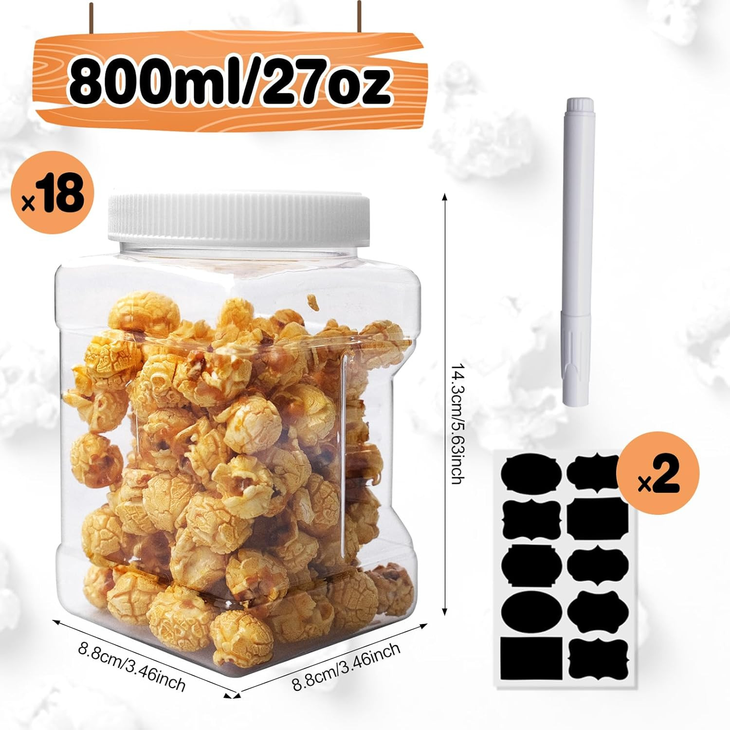 18 Pack Clear Plastic Storage Jars with Lids,27 Oz Easy Grip Handles Plastic Con
