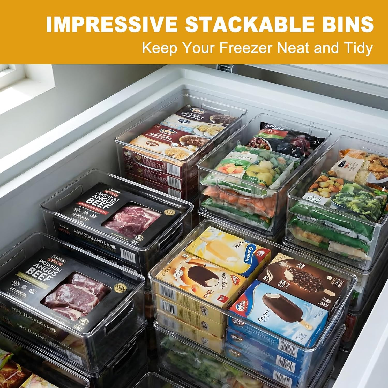 8 Pack Freezer Organizer Bins Stackable Clear Bins for Fridge Pantry Straight