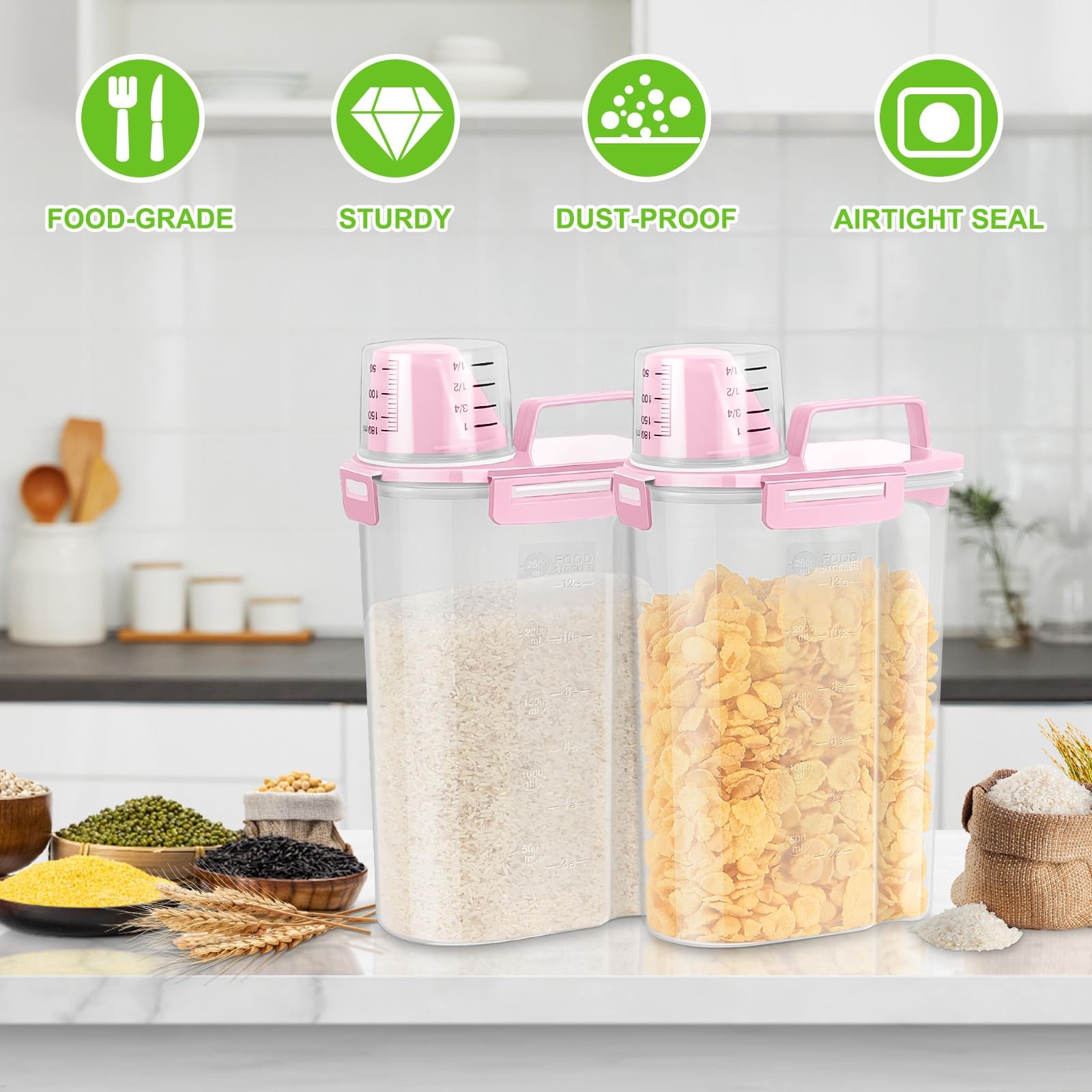 TBMax Rice Container 2 Pack 5 Lbs Cereal Storage, Pink 3+3Qt