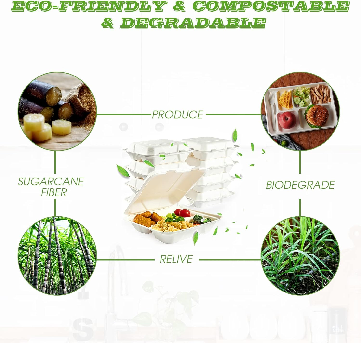 Vplus 100% Compostable Clamshell Take Out Food Containers, 90 PACK 8 Inch X 8 In