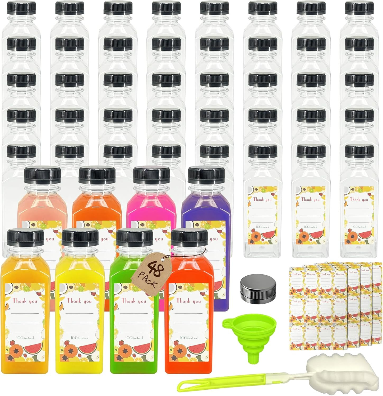 48 Pack 12Oz Clear Reusable Plastic Juice Bottles with Caps, Food Grade Bpa-Free