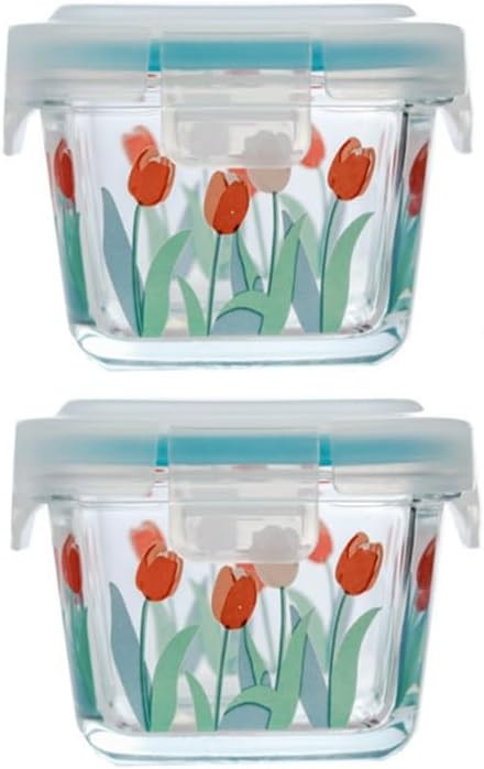 Small Square Glass Containers with Lids, Floral Glass Meal Prep Bowl Airtight