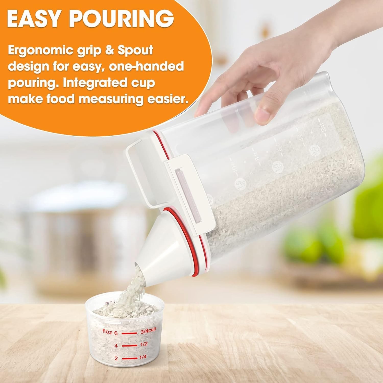 Compact Rice Storage Container, Air Tight with Measuring Cup