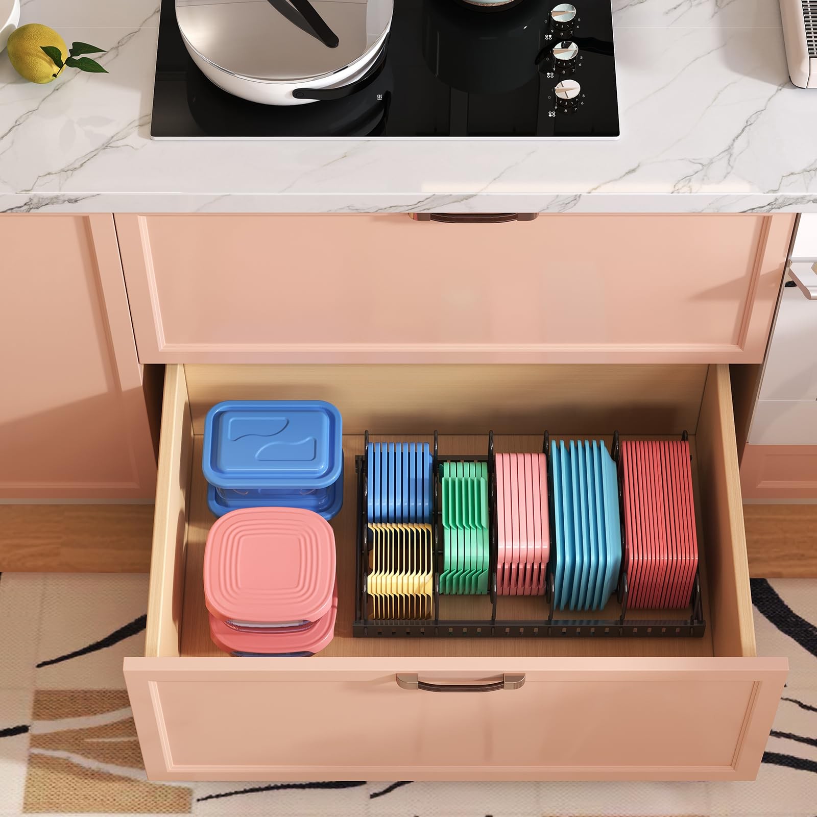 Black Metal Food Container Lid Organizer with 6 Adjustable Dividers for Cabinet