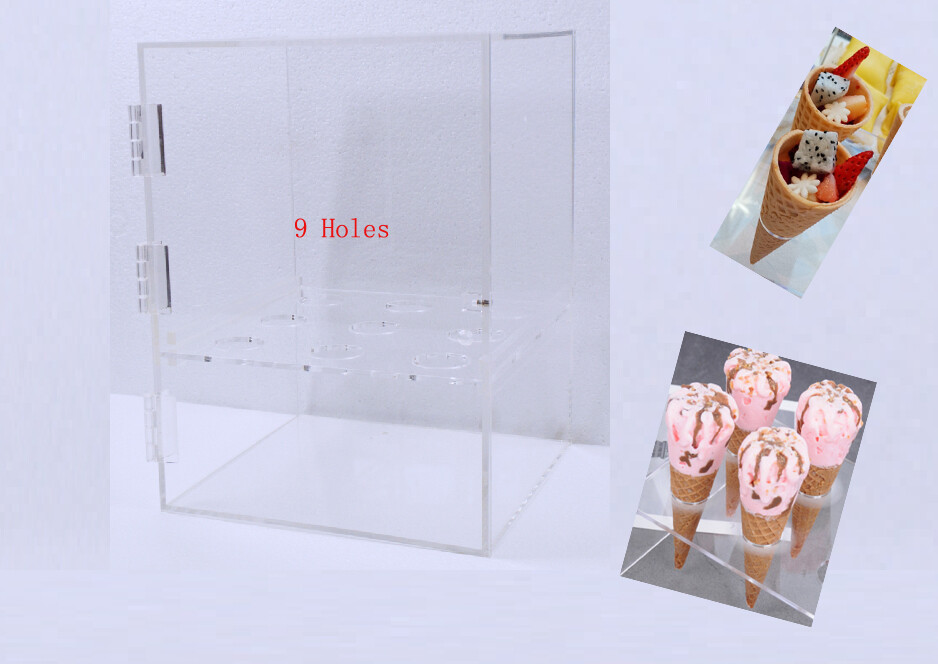 Clear Acrylic Ice Cream Cone Cabinet 9-Holes for Egg Roll and Waffle 10.8″ High