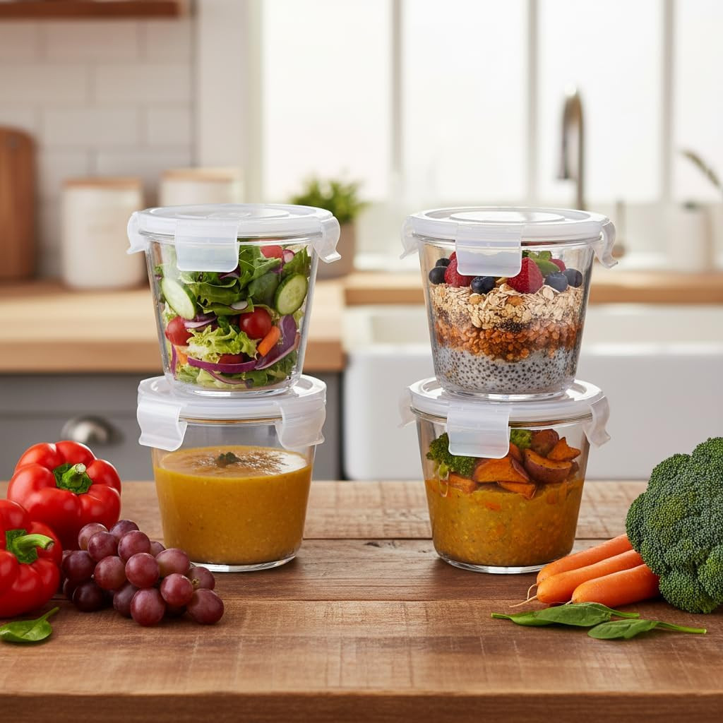 H.JSS WDJS 24 Oz Round Glass Food Storage Container set, 3 Cup Round Glass Soup
