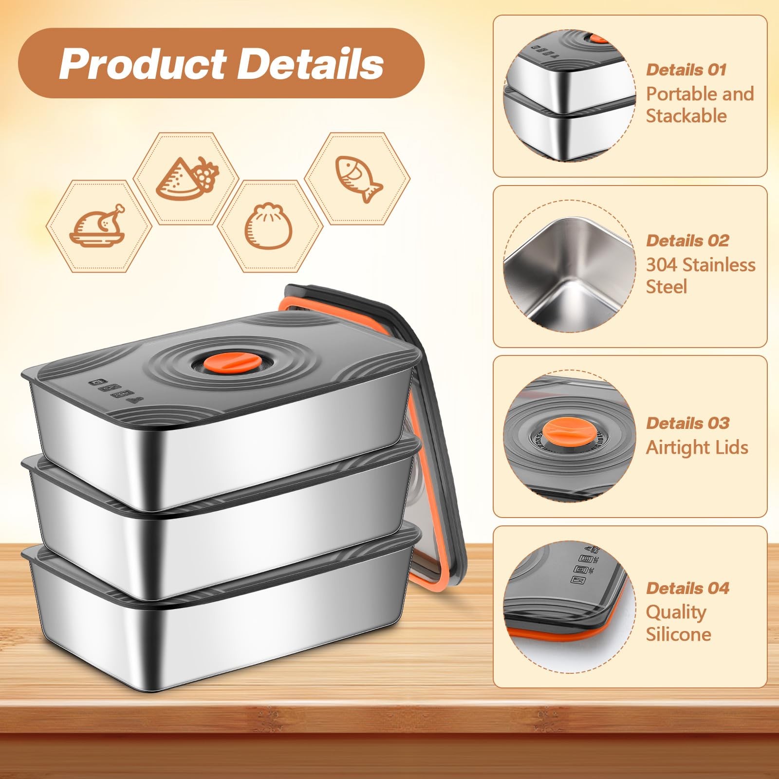 8 Set 60oz Stainless Steel Food Storage Containers Reusable Metal Meat Marina…