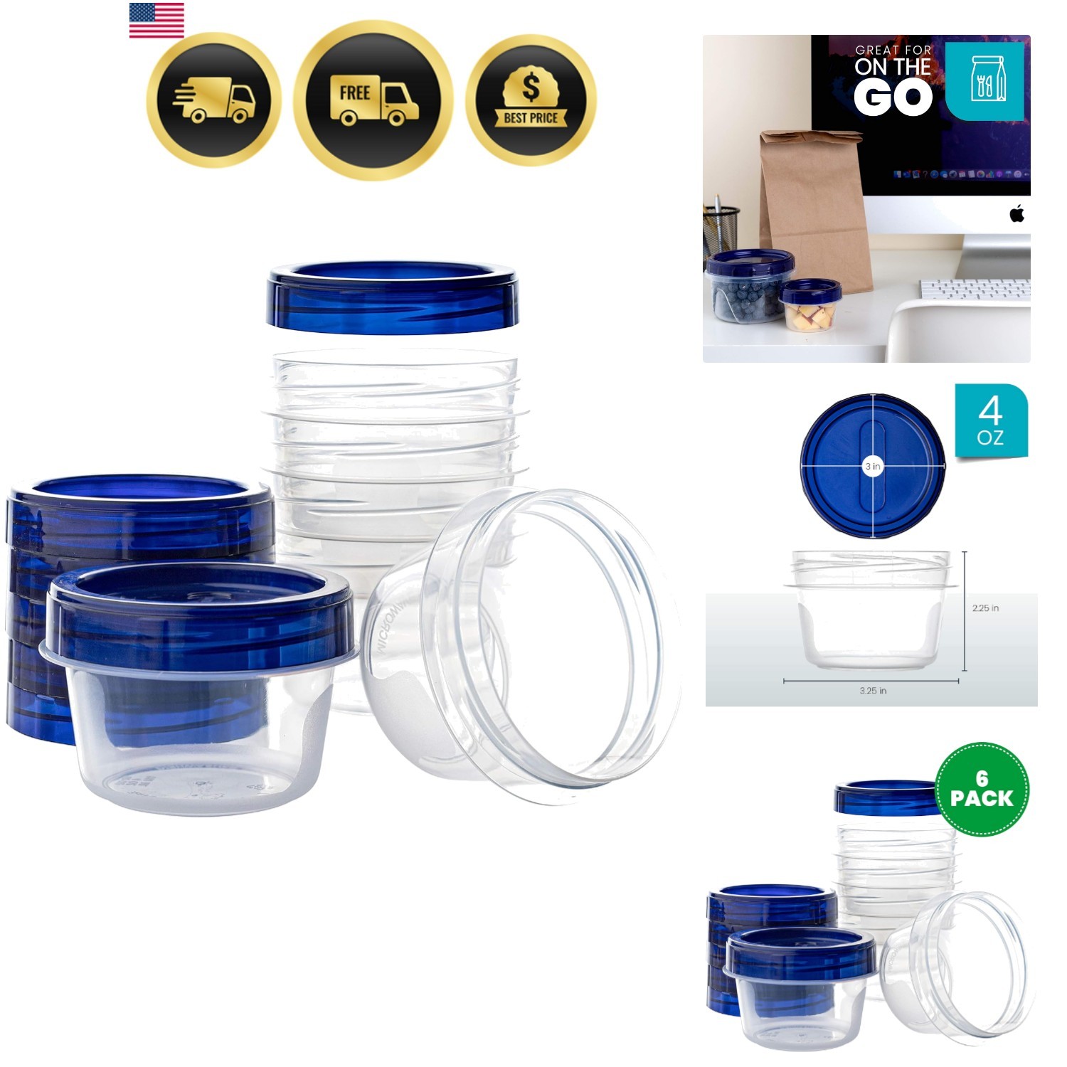 Food Storage Containers Clear Bottom Blue Top Twist Lids 6 Pack 4oz