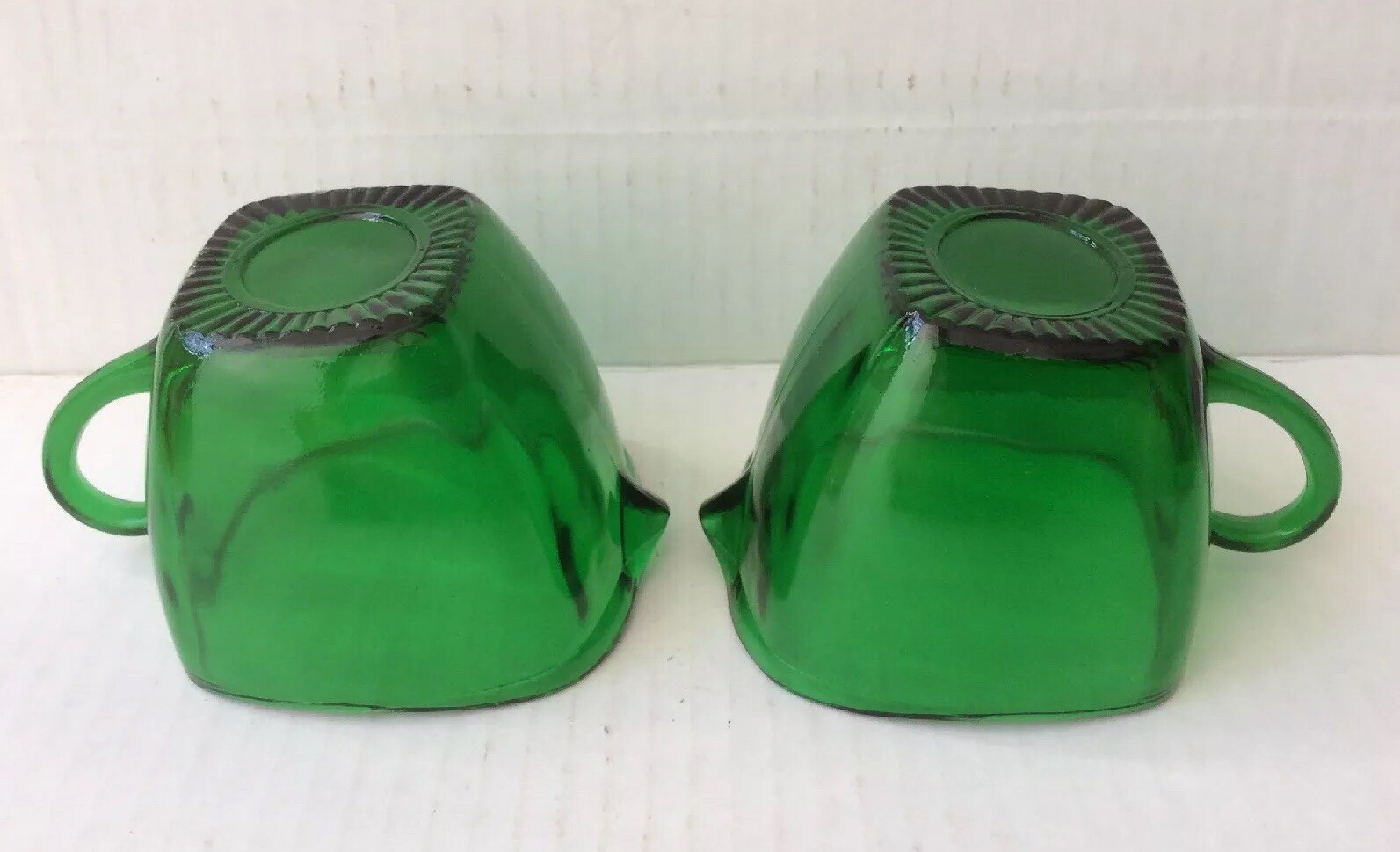Lot of 4 Pcs Vintage Green Glass: 1 Vase & 2 Cups & 1 Cup W/ Double Handlers