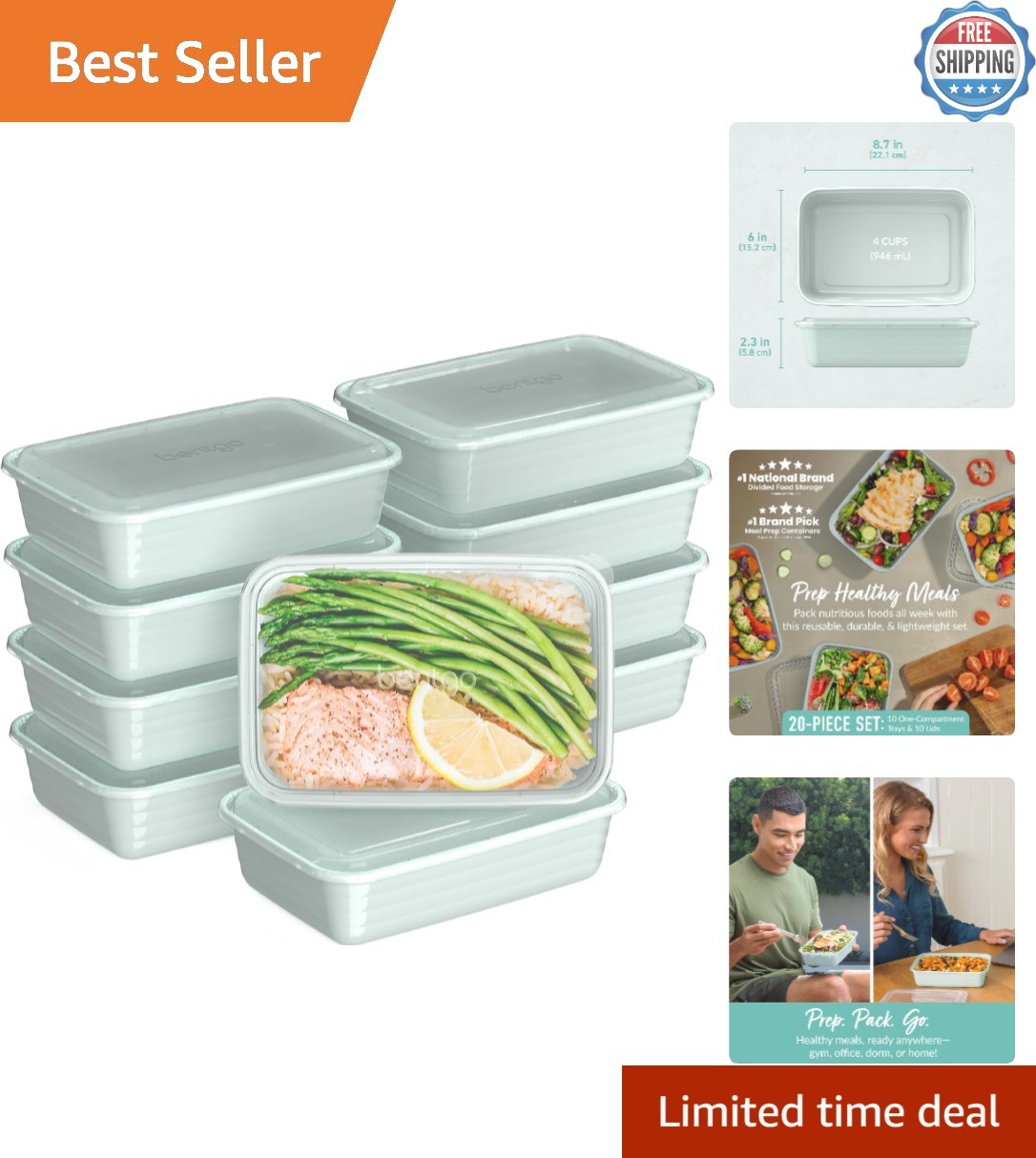 Reusable 20-Pack Meal Prep Containers with Snap Lids, BPA-Free & Dishwasher Safe