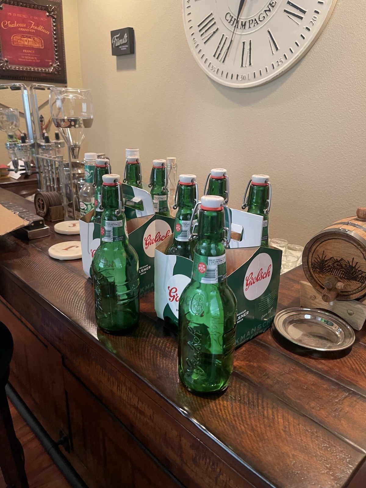 Grolsch Lot of 8 (Empty) Green Bottles With Ceramic Caps, Labels, 4 Holder