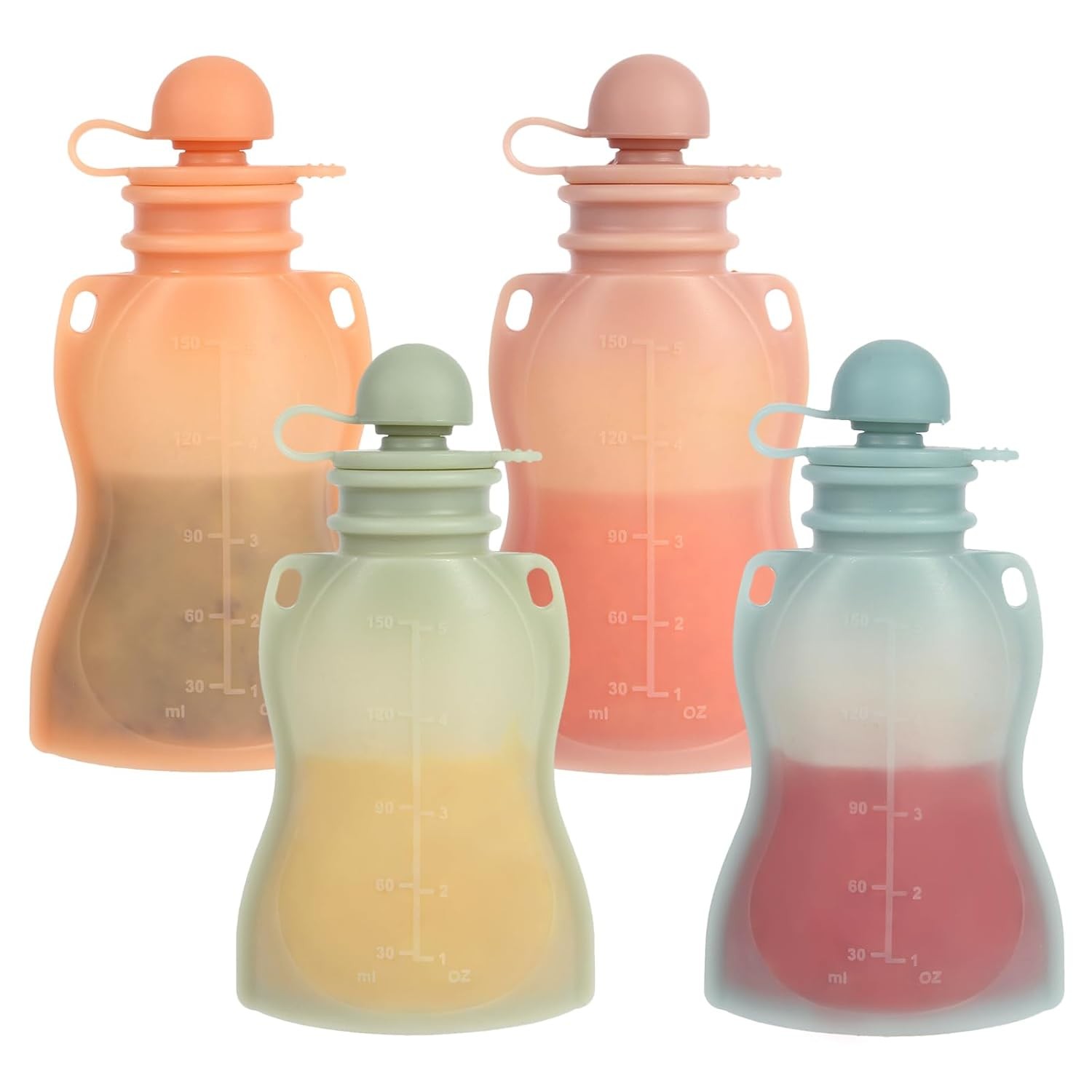 Reusable Baby Food Pouches with Straws, 4 Pack Light Green & Blue & Pink