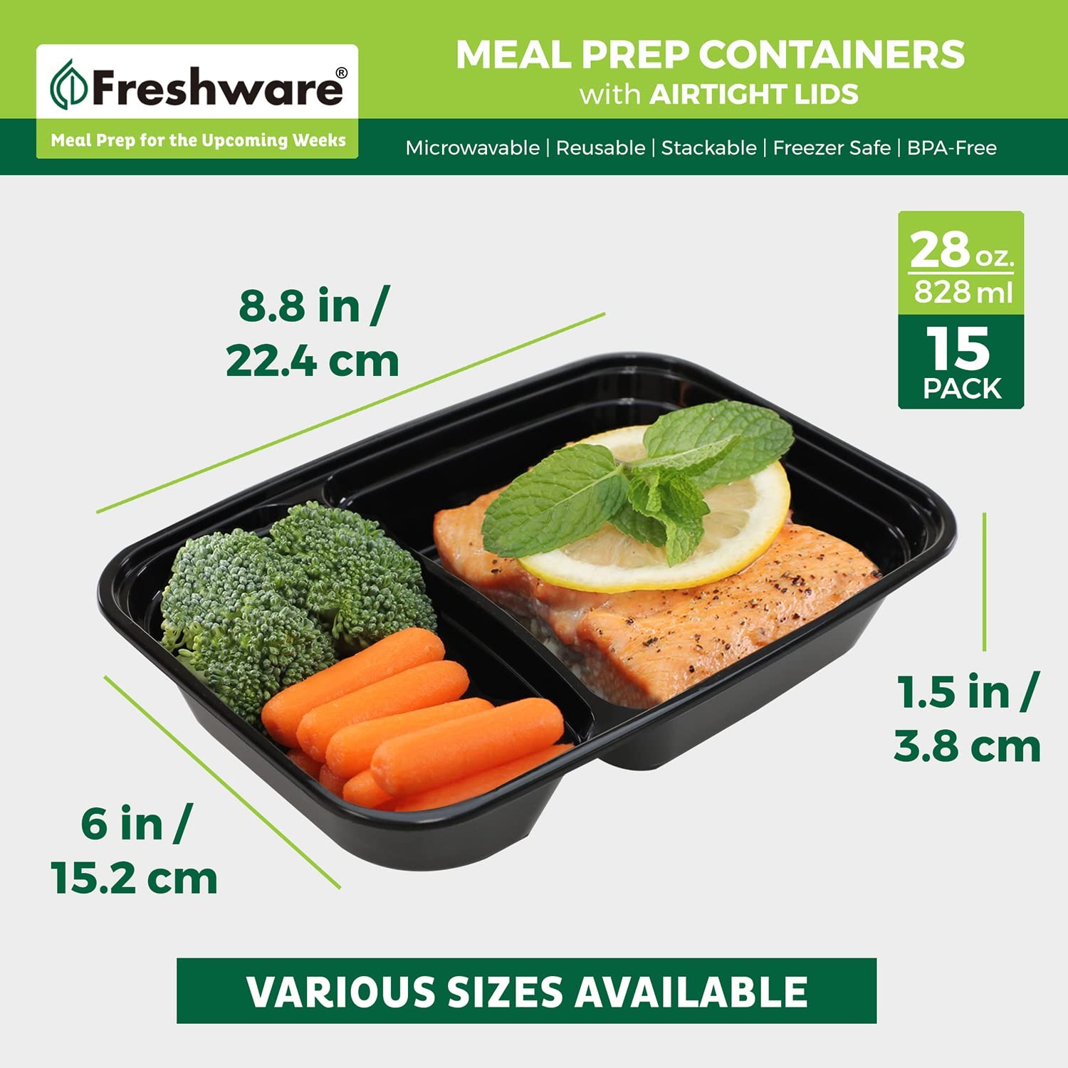 Freshware Meal Prep Containers [15 Pack] 2 Compartment One Size, 28OZ_15PK