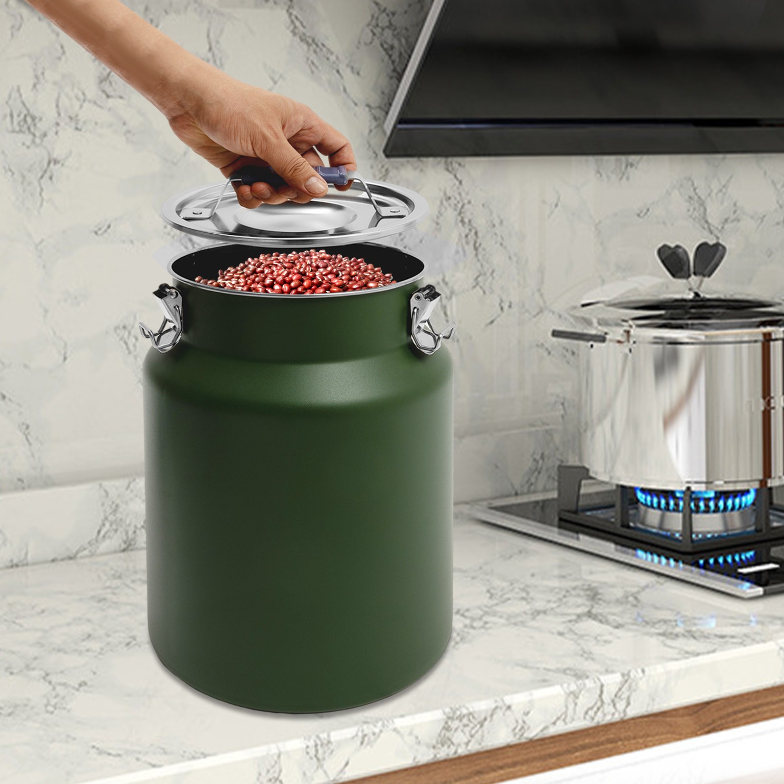 Green Stainless Steel Rice Storage Container 12L Round Grain Container with Lid