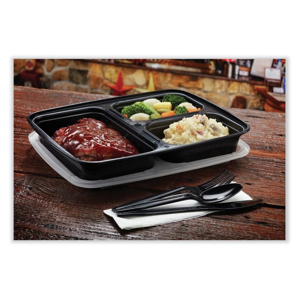 32 oz Microwaveable 3 Compartment Black Rectangular Container Lid Combo 150 CT