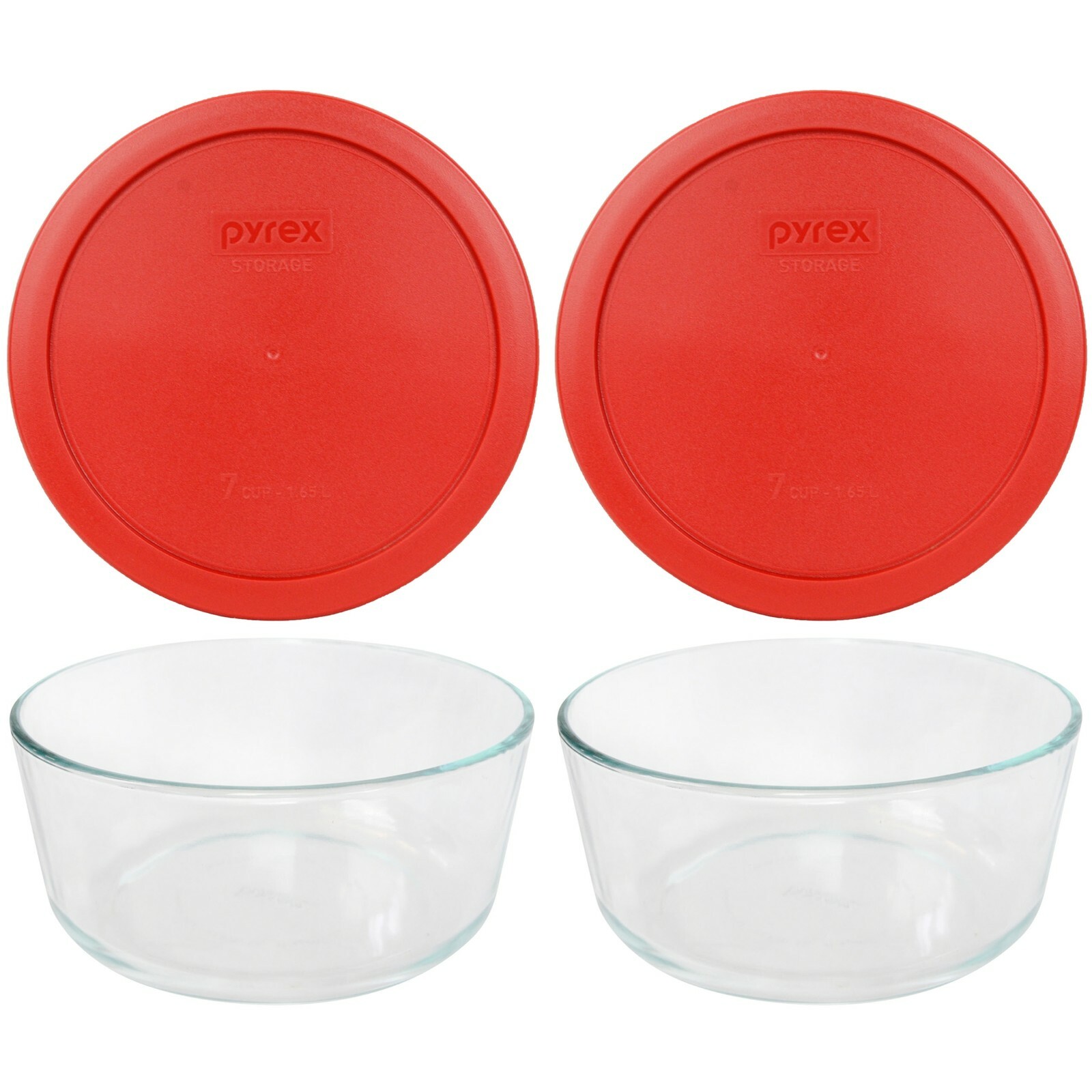 Pyrex 7203 7-Cup Round Glass Food Storage Bowl w/ 7402-PC Poppy Red Lid (2-Pack)