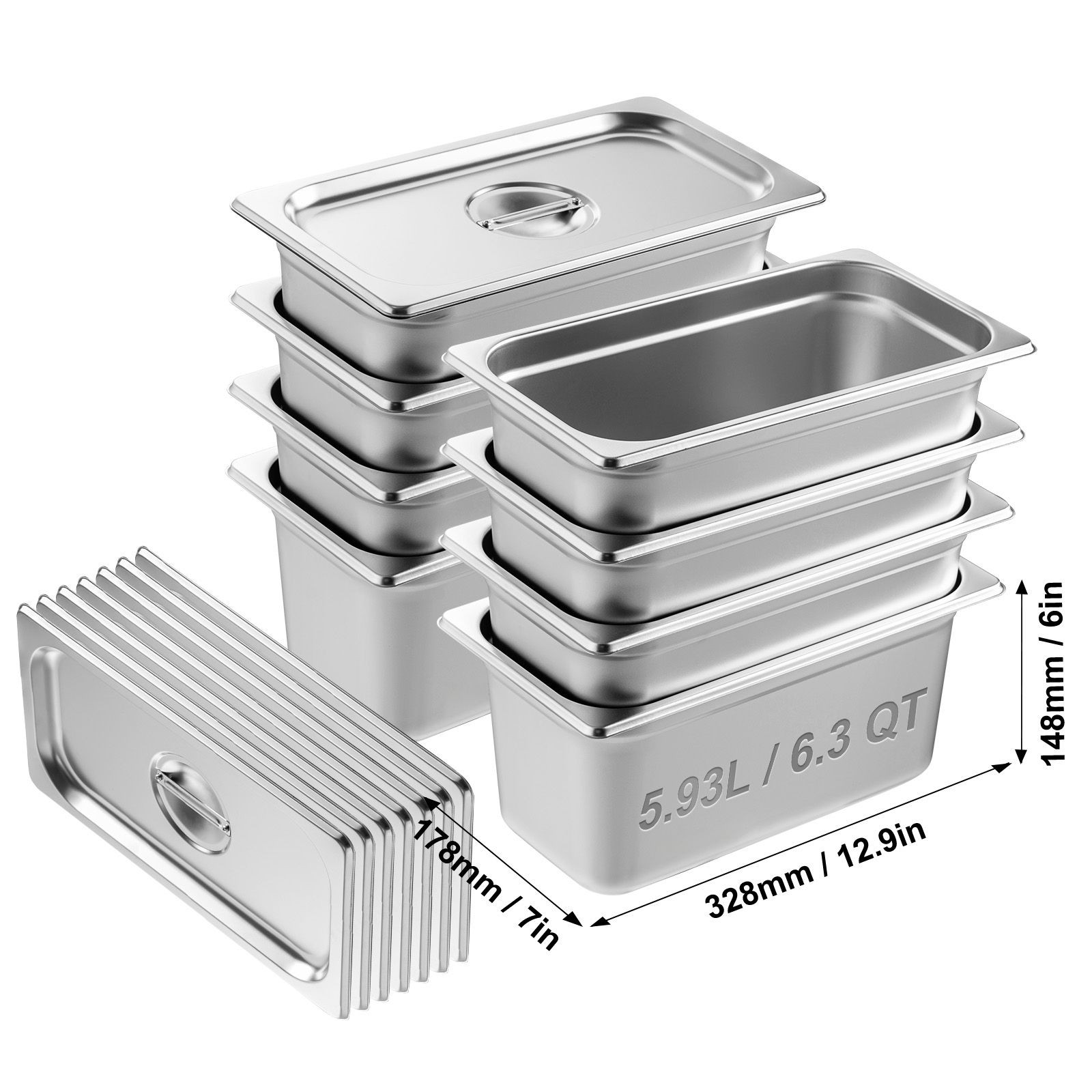 8-Count 1/3 Size 6in, Antijam, Stainless Steam Table Pans Lids