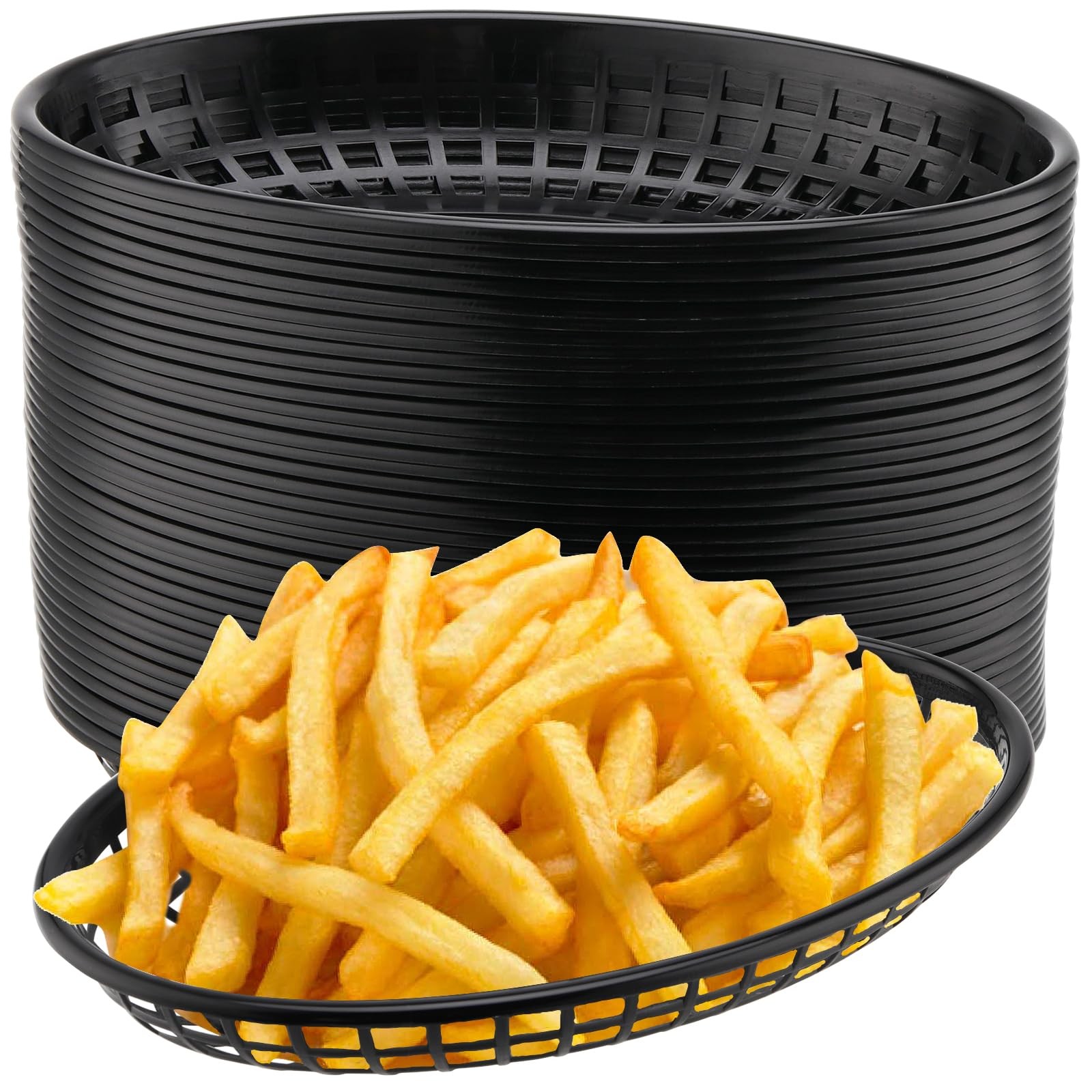 40 Pack 8.9×5.7×1.6 Inch Black Plastic Fast Food Baskets Oval Serving Tray
