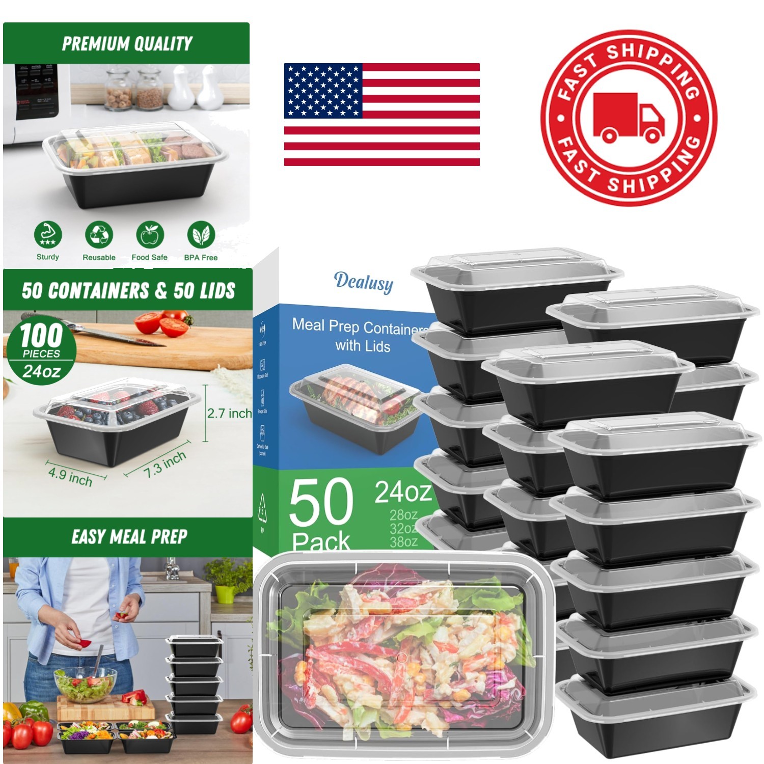 Reusable Food Storage Containers 50 Pack 24 Ounce Black Leakproof with Lids