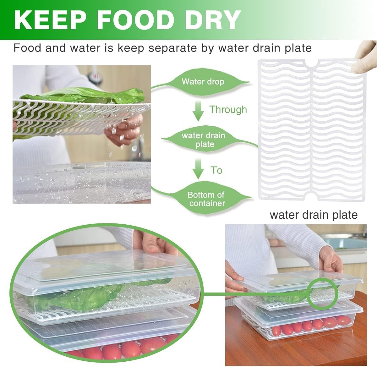 Multi-Purpose 3 Pack 2.5L Fridge Containers with Water Drain Tray for Freshness