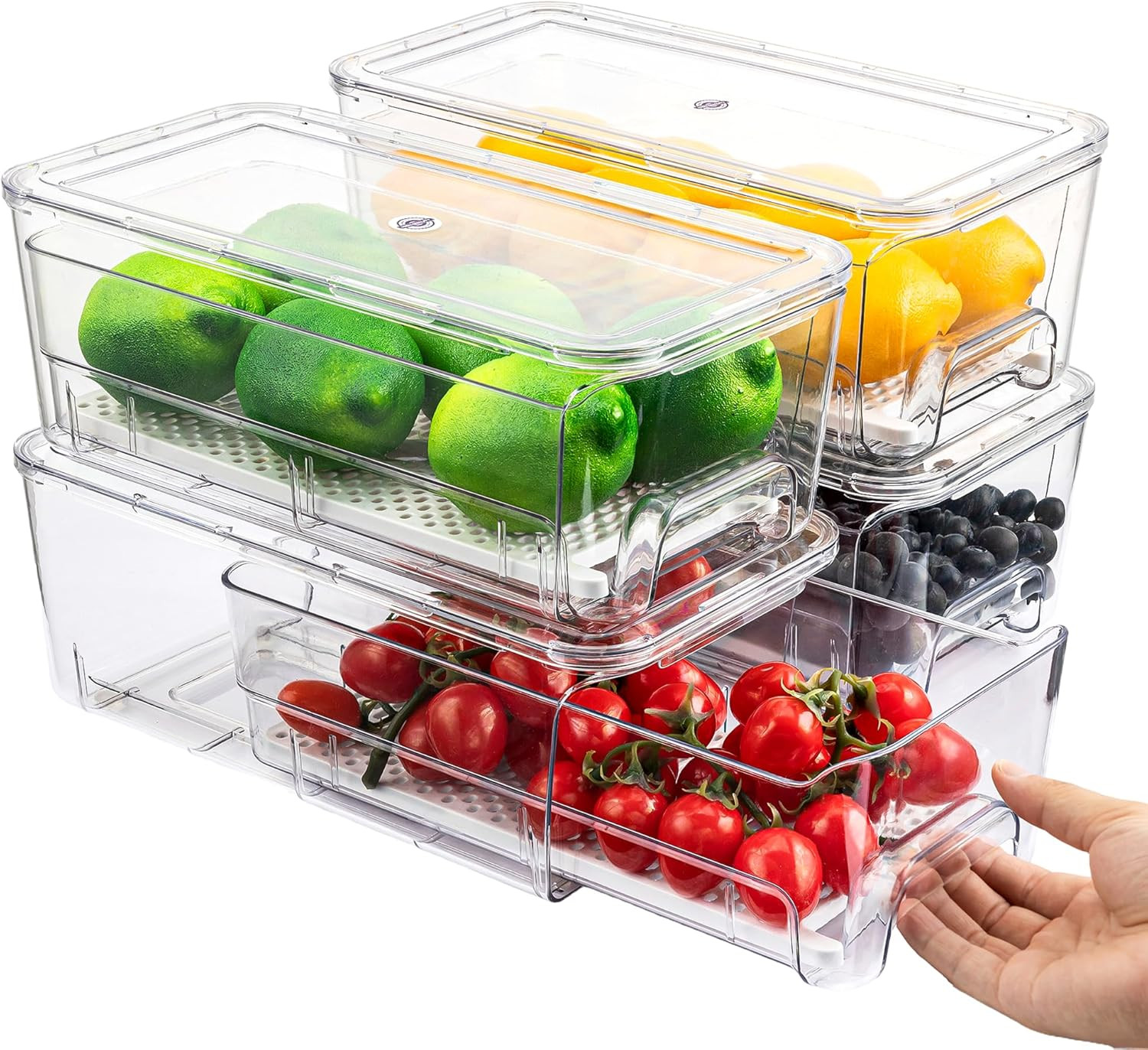 4 Pack Fridge Organizer Drawers Bins, Clear Stackable Pull Out Refrigerator Draw