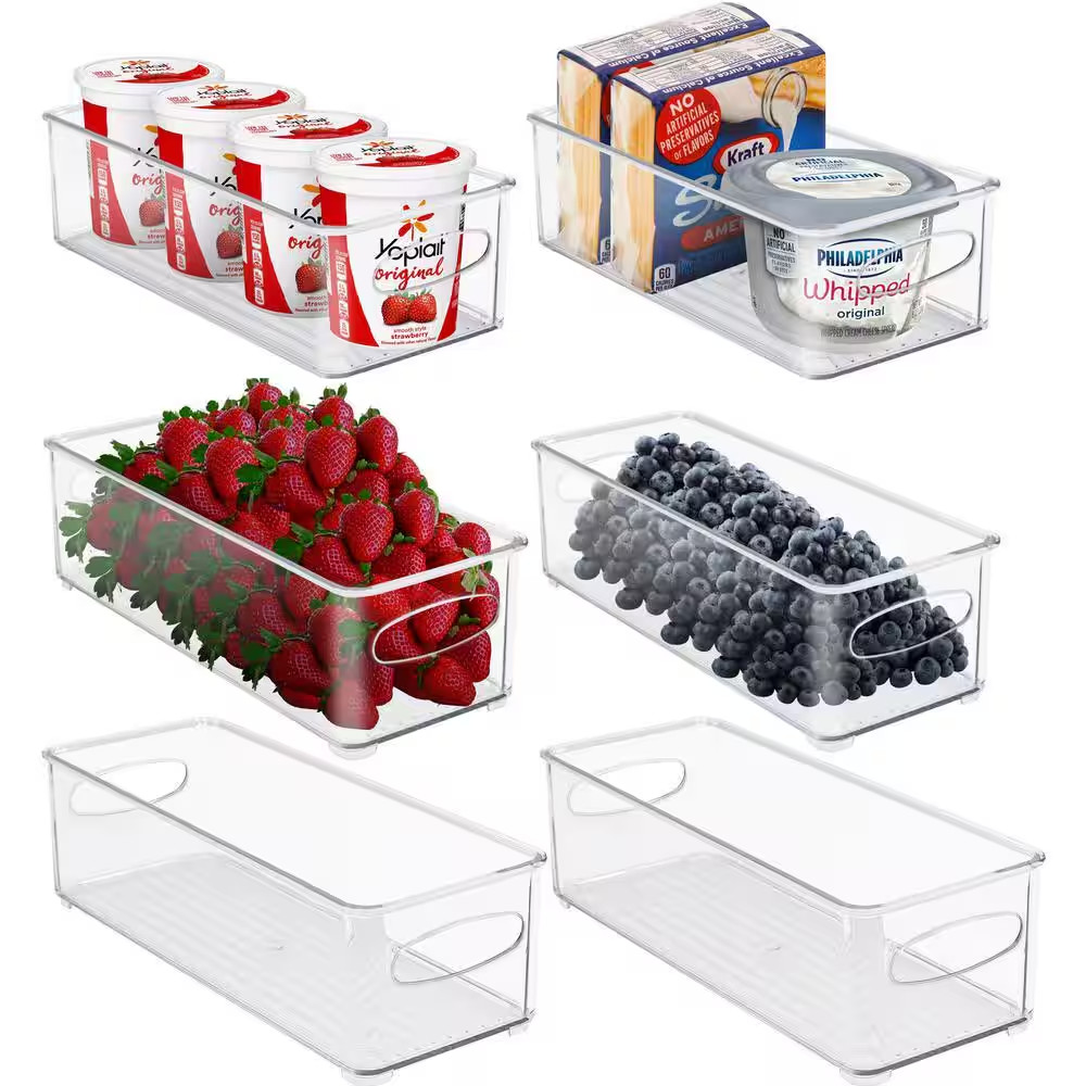 6 Pack Clear Plastic Storage Bins for Fridge and Pantry Stackable Organizer Set
