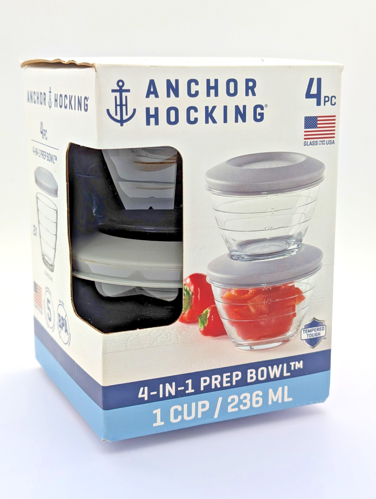 Set of 2 Anchor Hocking 1-Cup Prep Bowls Kitchen Storage Glass W/ Gray Lids NIB