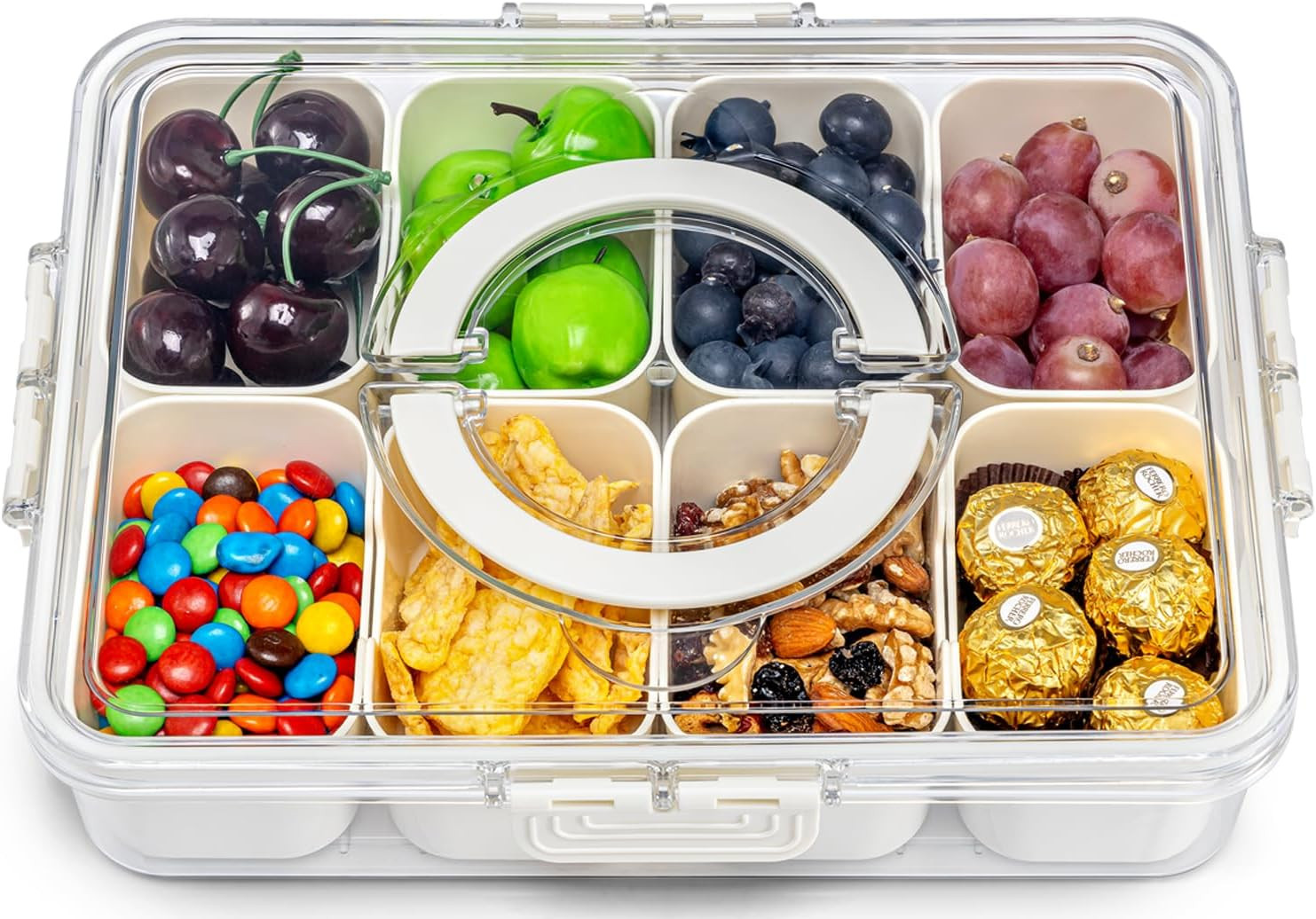 Air-Tight Snackle Box Container –Divided Serving Tray with Lid & Handle–Clear Sn