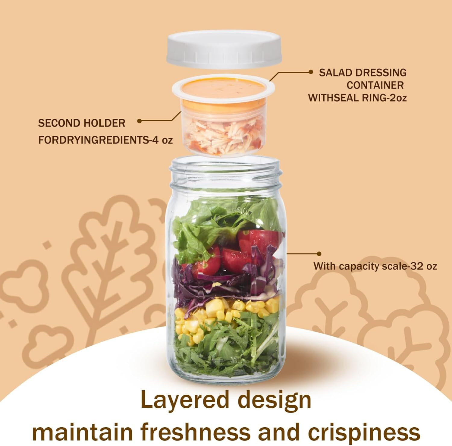 4 Pack Glass Salad Jars Lids Meal Prep- 32Oz Leakproof Container Lunch Comes 2