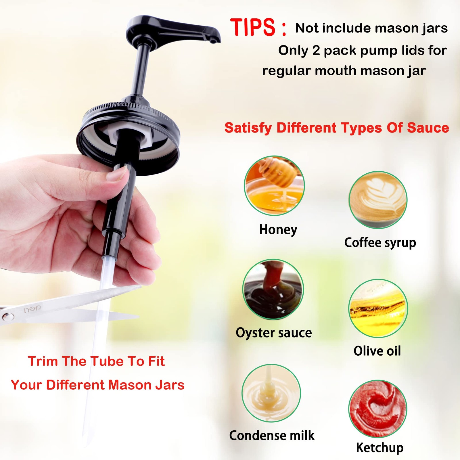 2 Pack Mason Jar Syrup Sauce Pump Lids Regular Mouth Leak Proof Dispenser