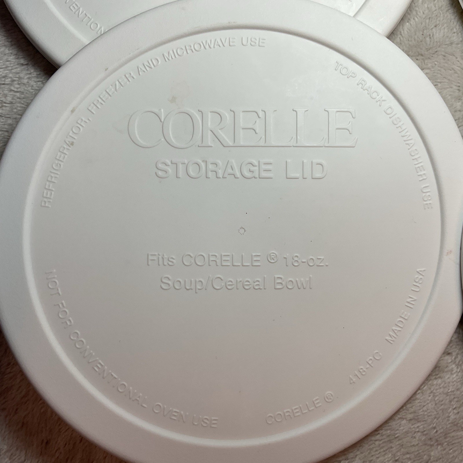 Corelle Storage Lids for 18 oz Cereal Soup Bowl White Fridge Freezer Micro Lot 4