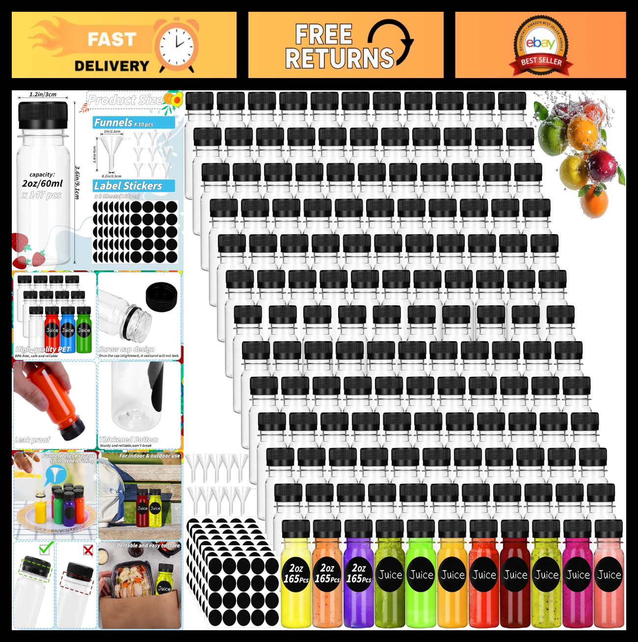 165 Pcs 2 oz Clear Plastic Juice Bottles with Black Caps & Tamper Proof Lids, Re