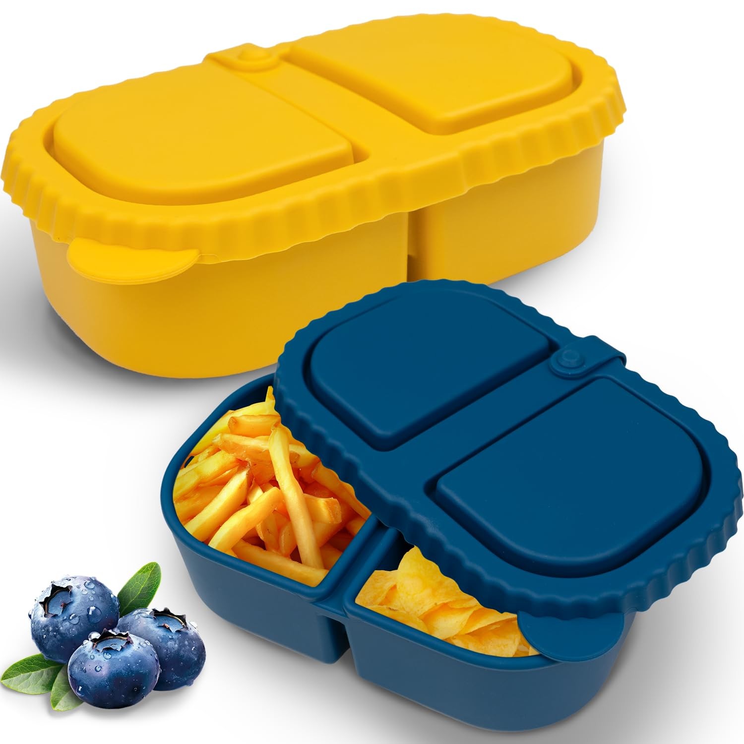 Portable 8.5oz Silicone Snack Boxes with Lids (2 Pack) – Double Compartment R…