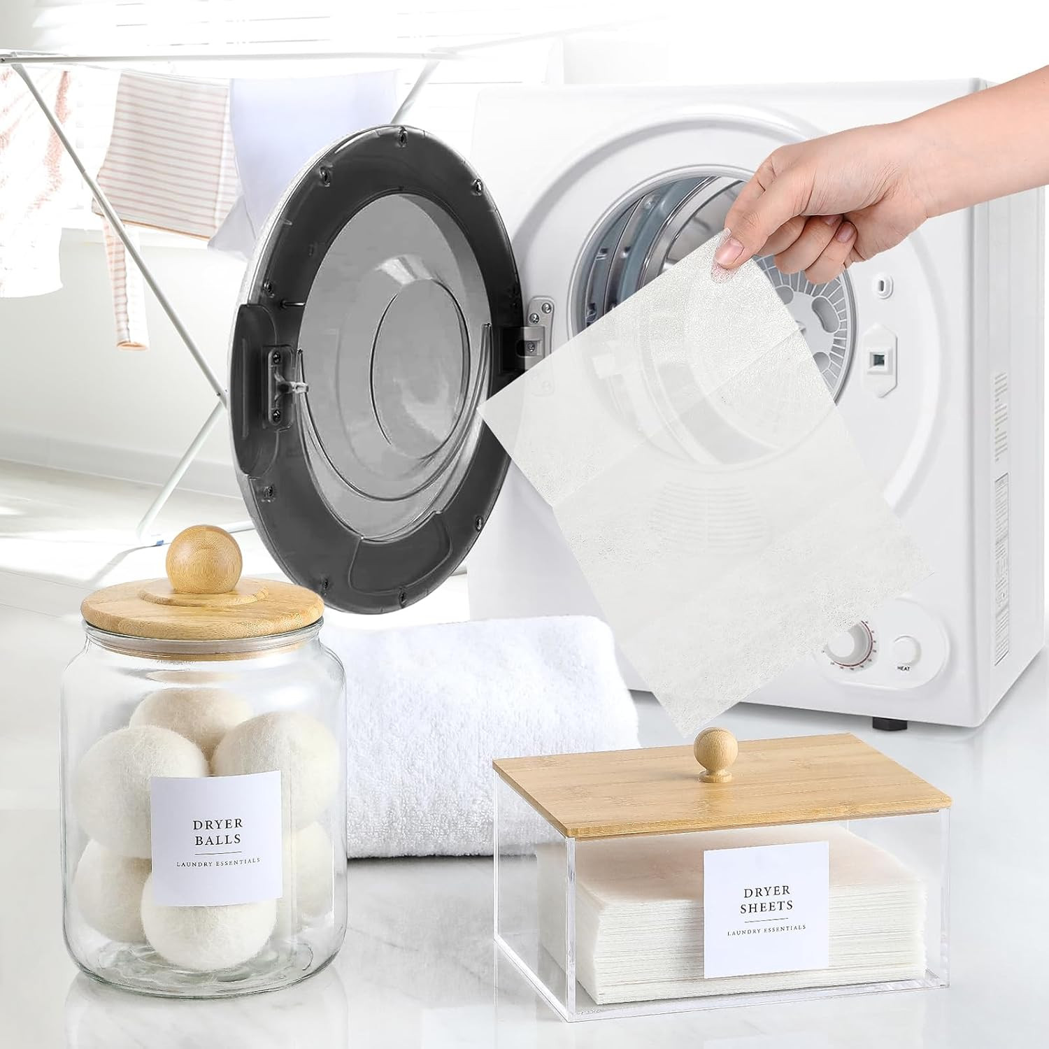 Glass Jars and Dryer Sheet Holder with Bamboo Lids, Dispenser Set and Labels, Co