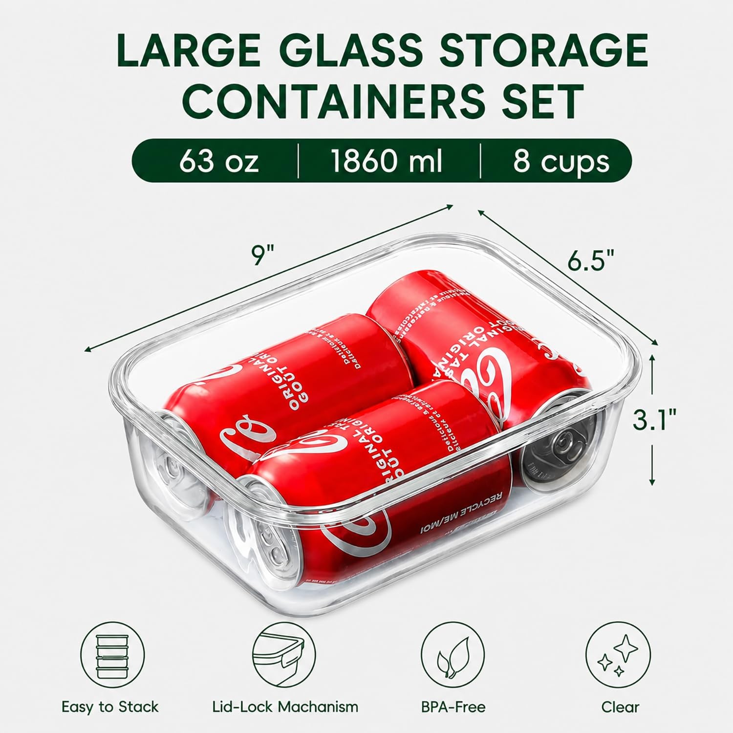 2 Pack 63oz Large Glass Storage Containers with Lids Big Meal Prep Food Conta…