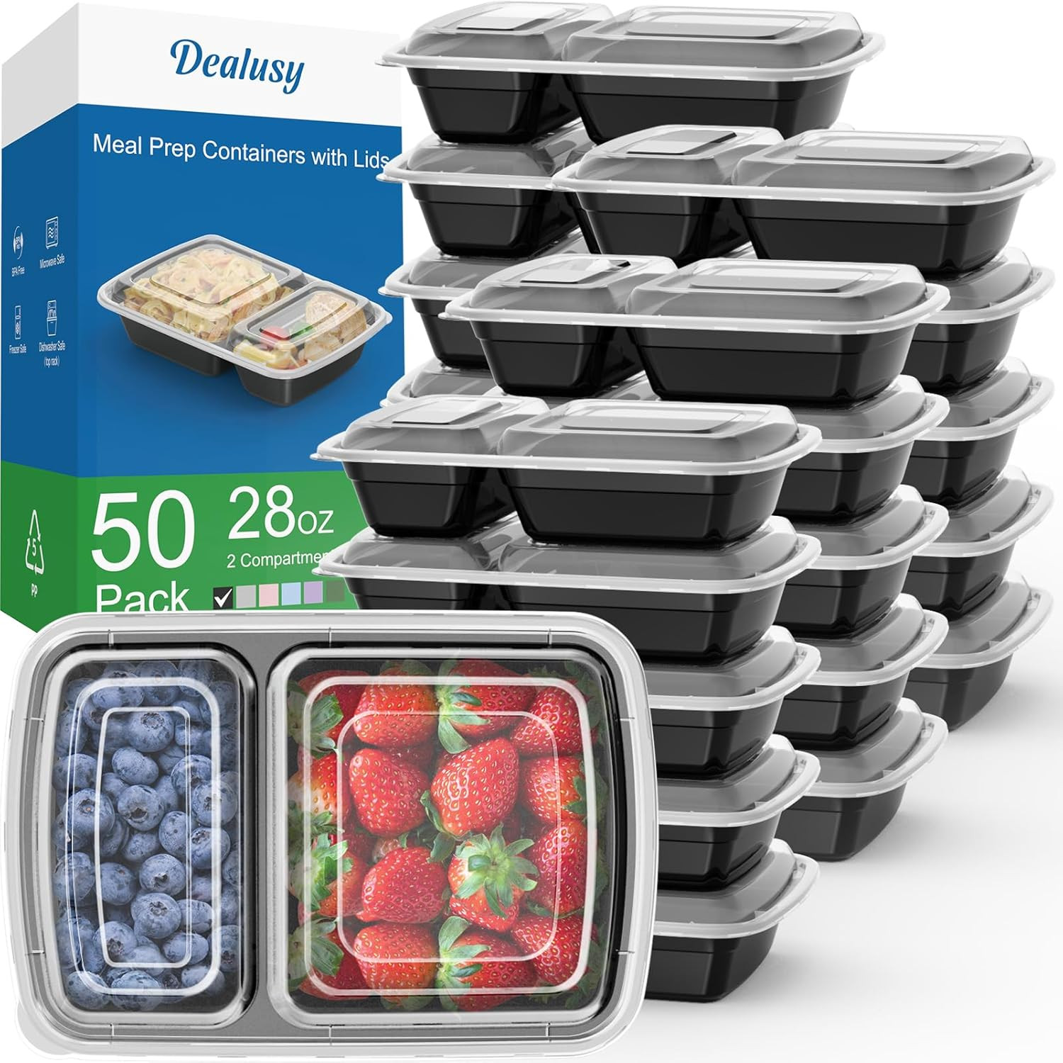 50 Pack (100-Piece) 28 Oz Meal Prep Containers Reusable with Lids 2-Compartment,