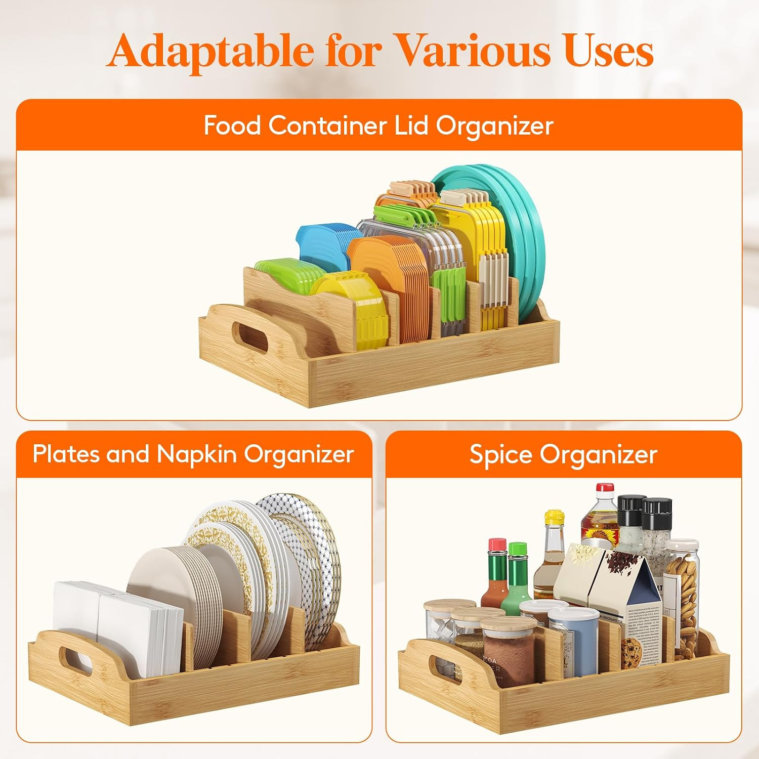 Bamboo Lid Organizers for inside Cabinet, Food Storage Container Lid Holder with