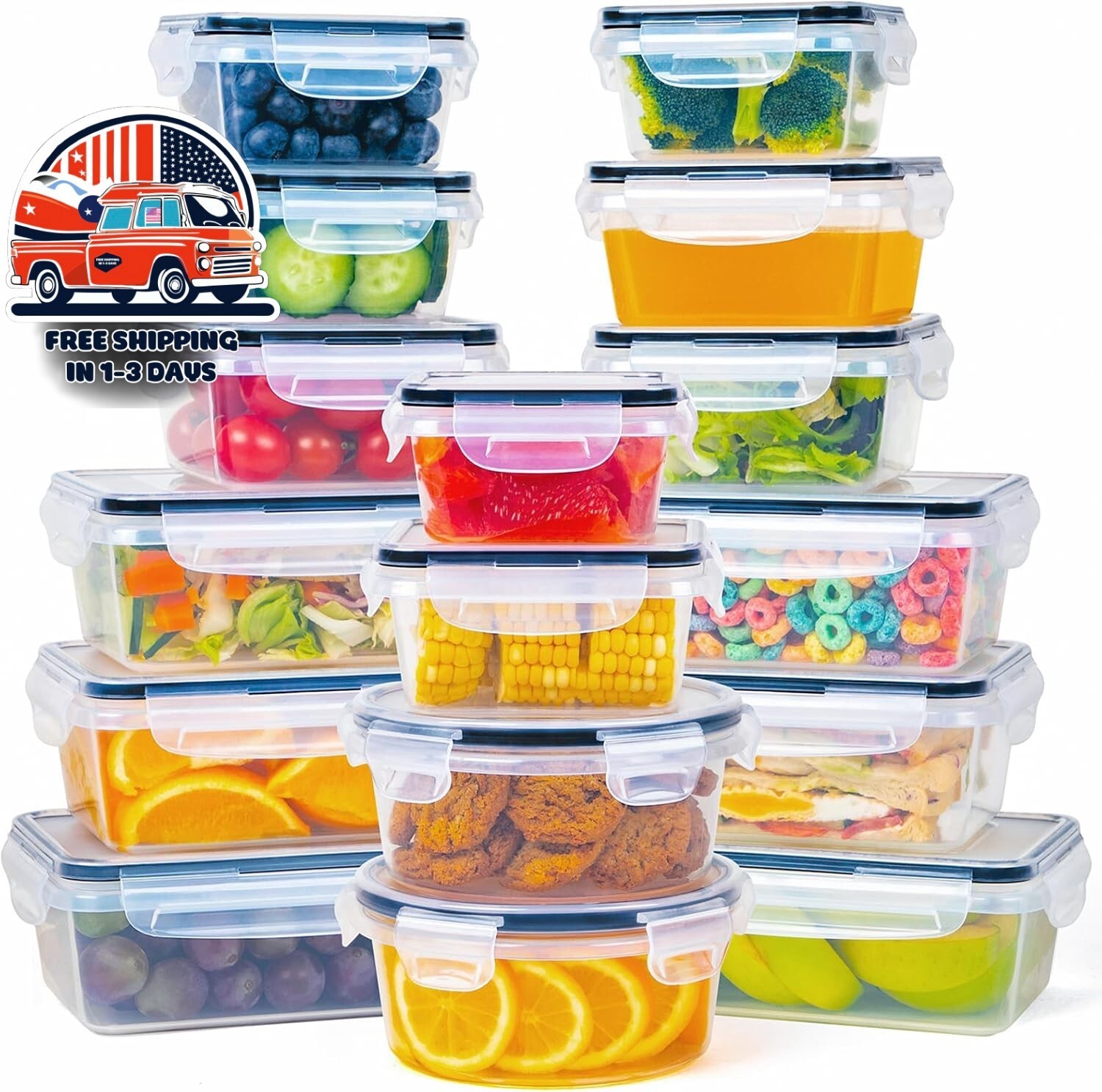 Almacenamiento De Alimentos De Vidrio Hermético De 32 Piezas Con Tapas US NUEVO